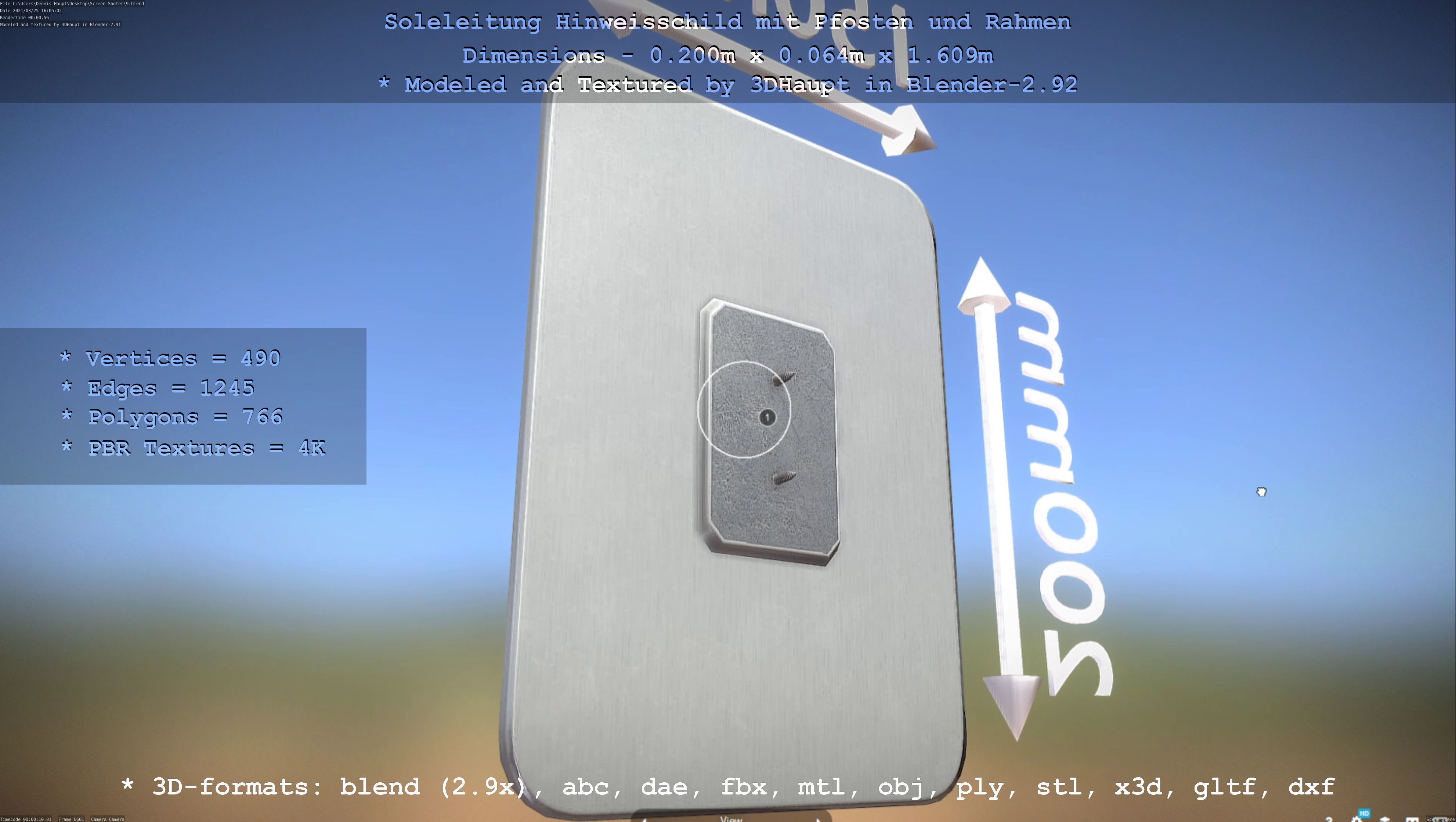 Hinweisschild Soleleitung mit Pfosten und Rahmen Low-poly 3D model_96