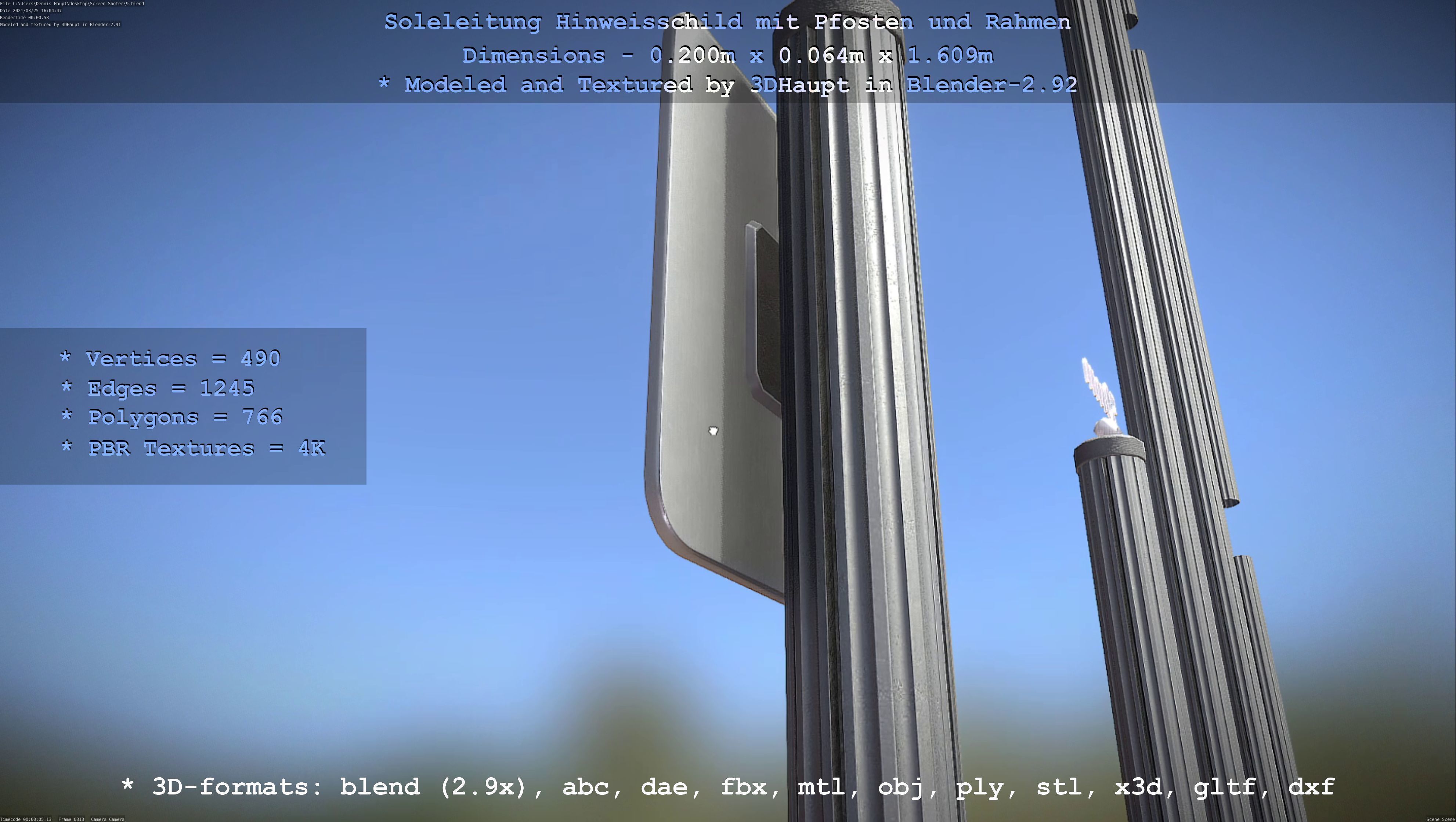 Hinweisschild Soleleitung mit Pfosten und Rahmen Low-poly 3D model_30