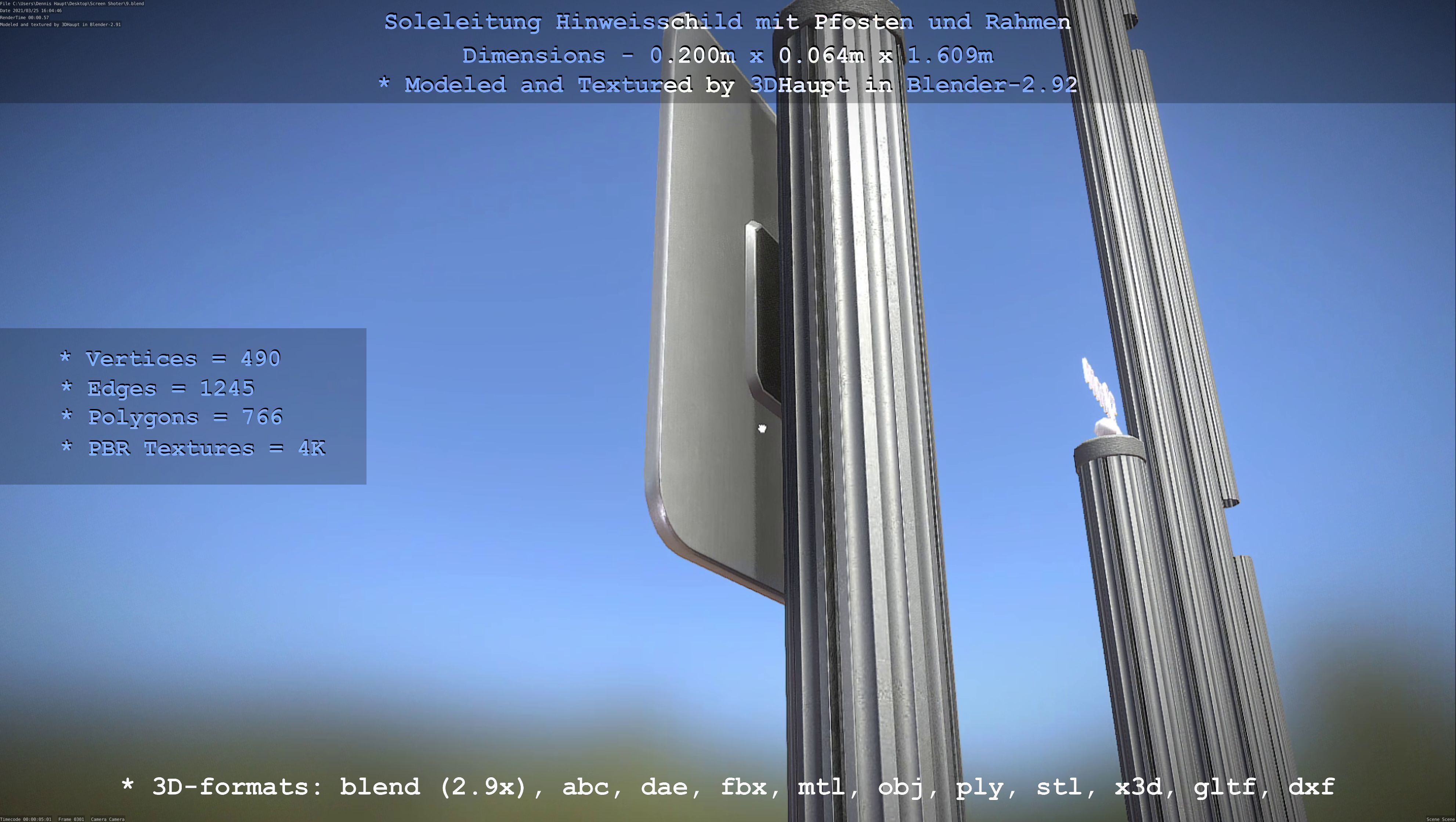 Hinweisschild Soleleitung mit Pfosten und Rahmen Low-poly 3D model_88