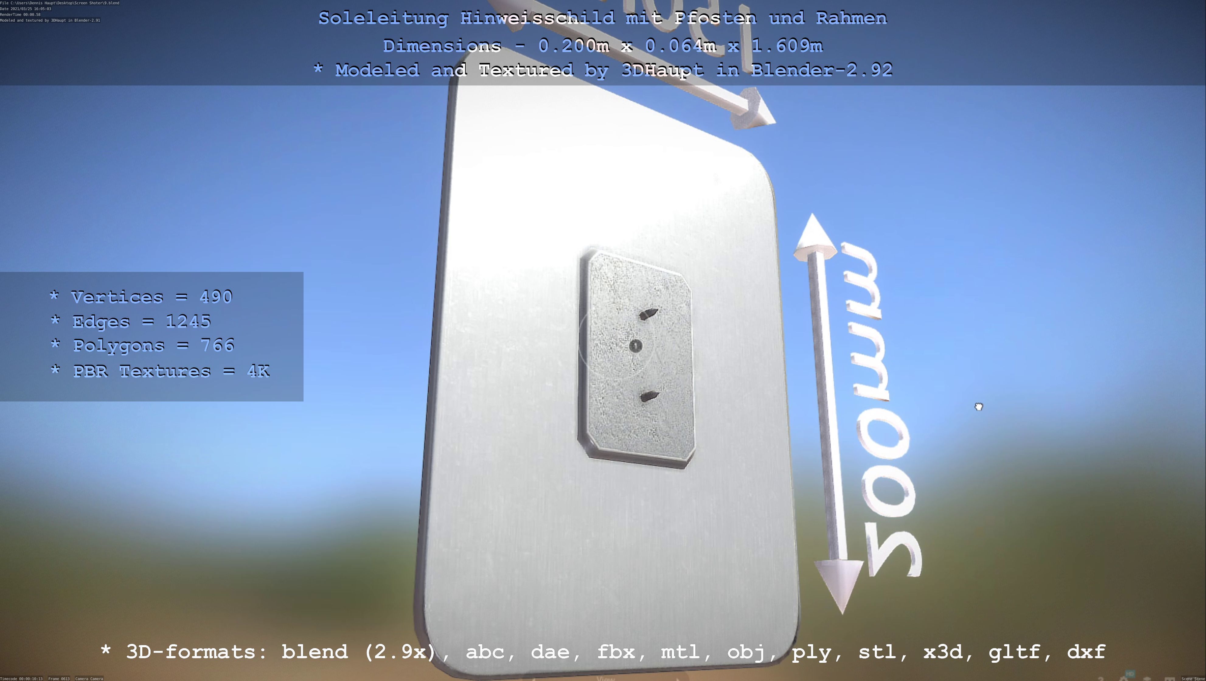 Hinweisschild Soleleitung mit Pfosten und Rahmen Low-poly 3D model_38