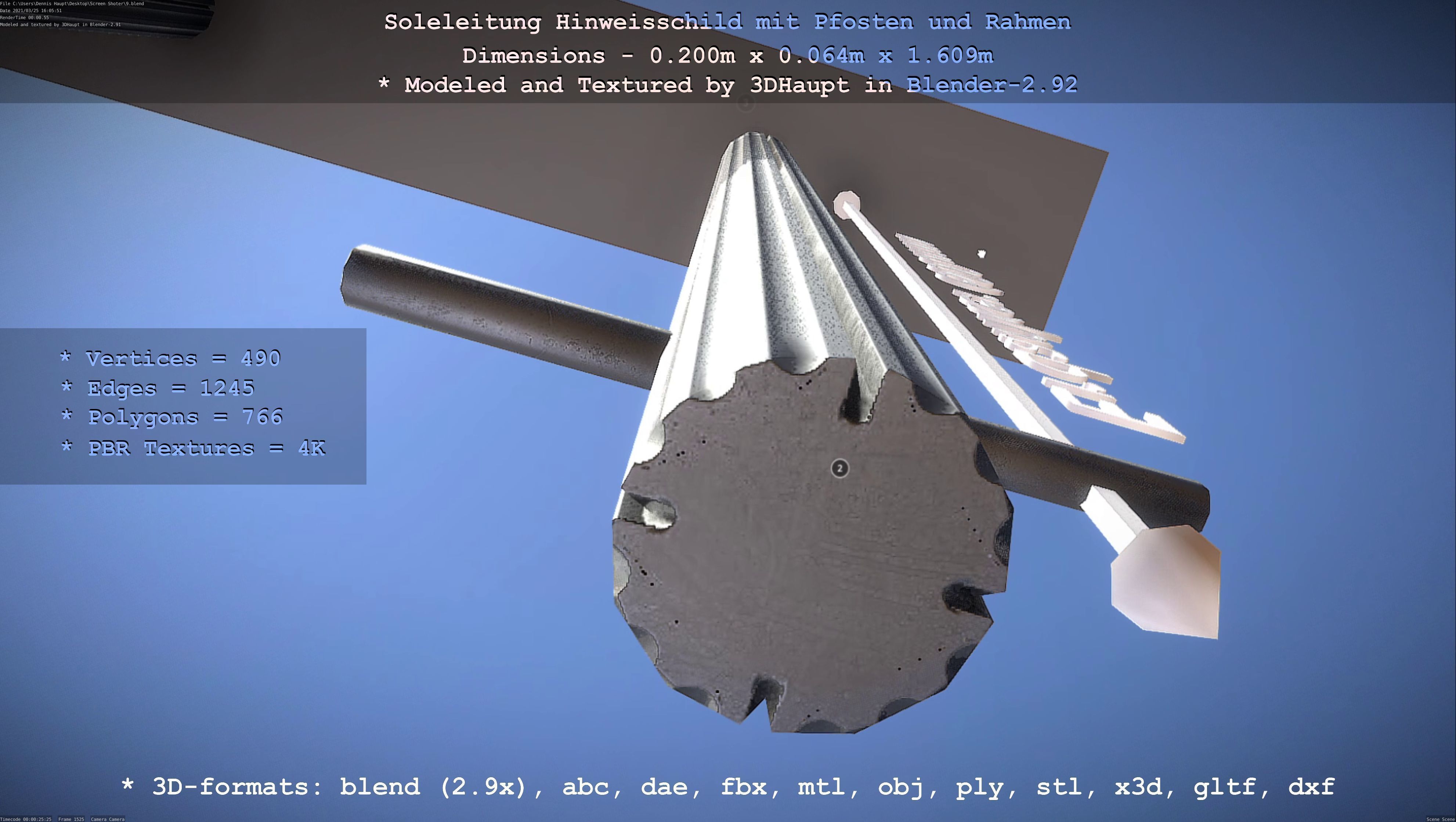 Hinweisschild Soleleitung mit Pfosten und Rahmen Low-poly 3D model_43