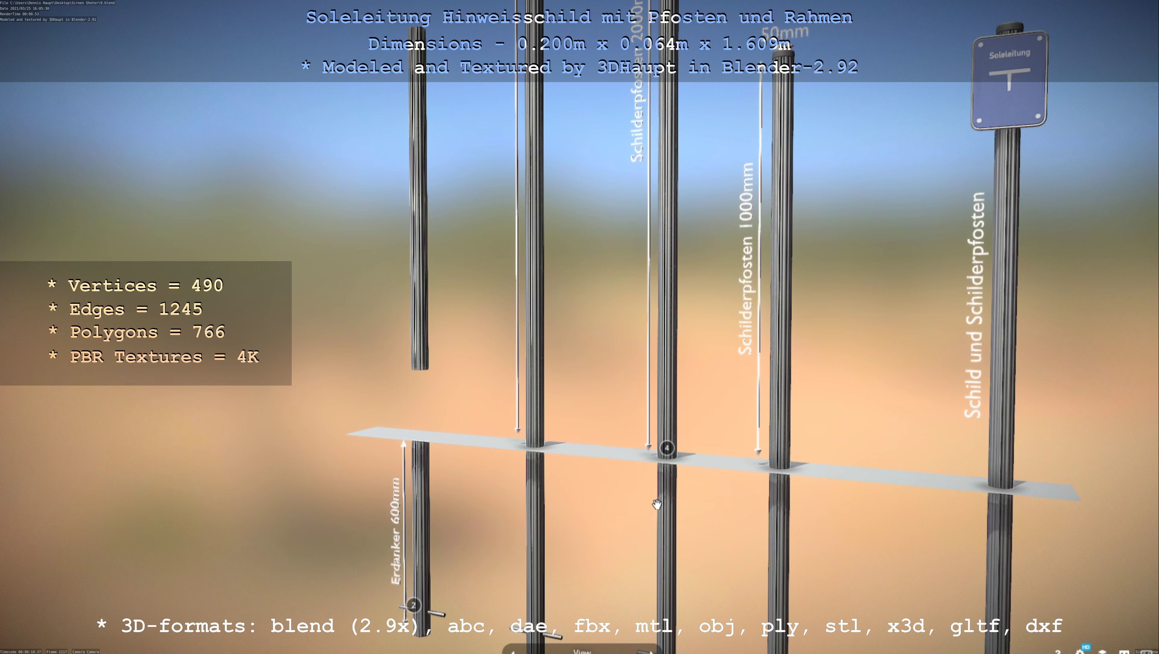 Hinweisschild Soleleitung mit Pfosten und Rahmen Low-poly 3D model_14
