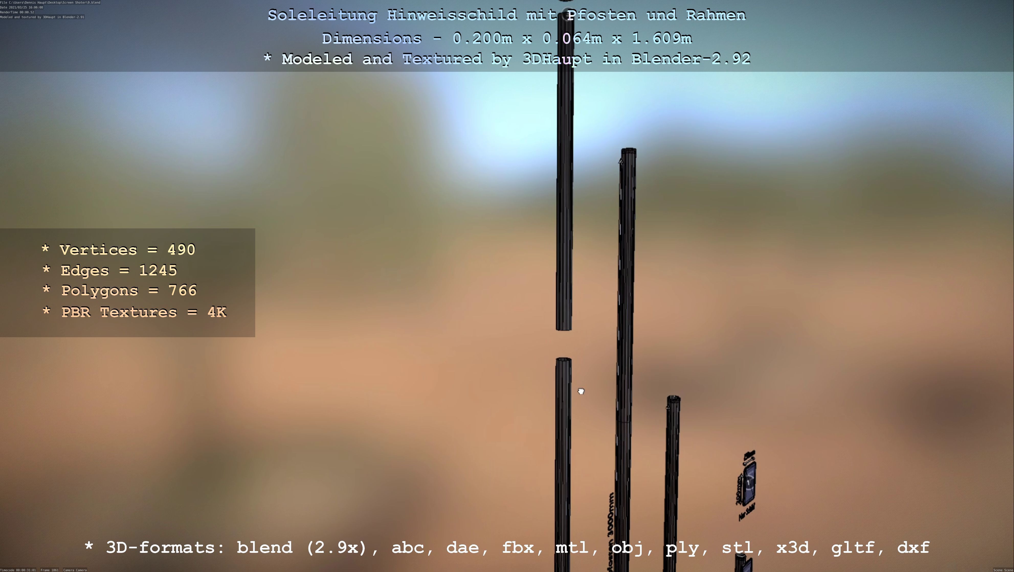 Hinweisschild Soleleitung mit Pfosten und Rahmen Low-poly 3D model_55