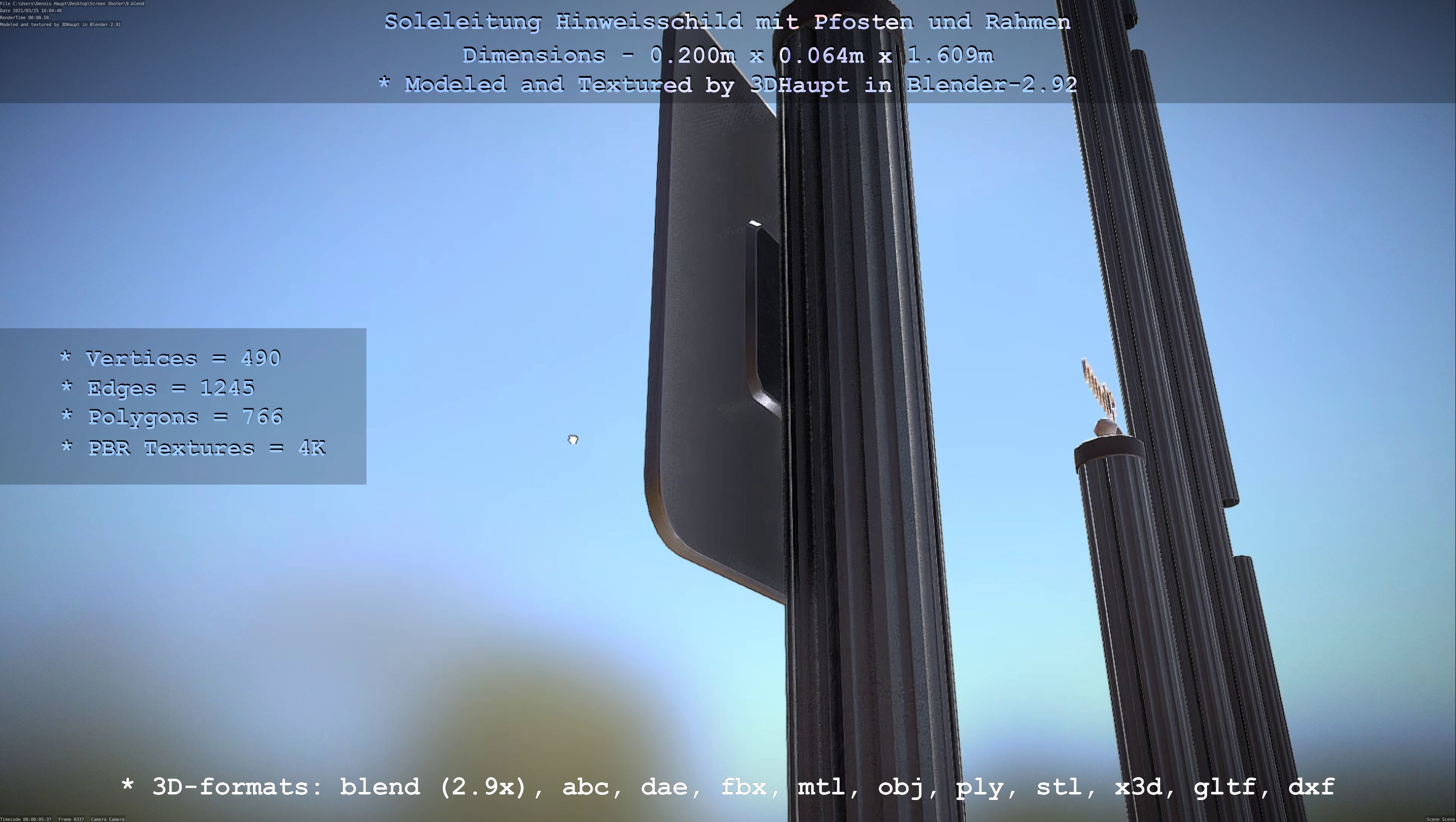 Hinweisschild Soleleitung mit Pfosten und Rahmen Low-poly 3D model_90