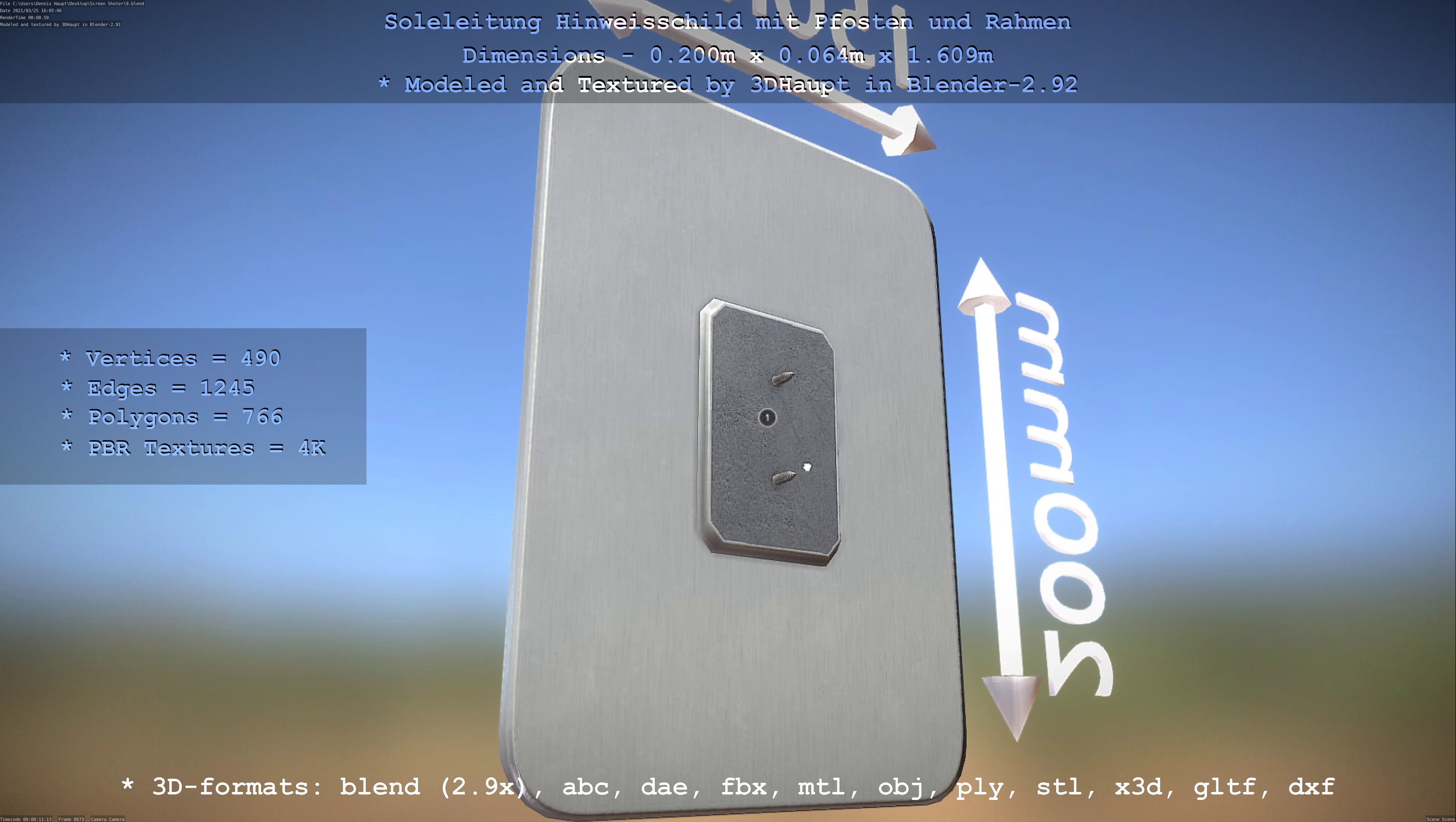 Hinweisschild Soleleitung mit Pfosten und Rahmen Low-poly 3D model_102