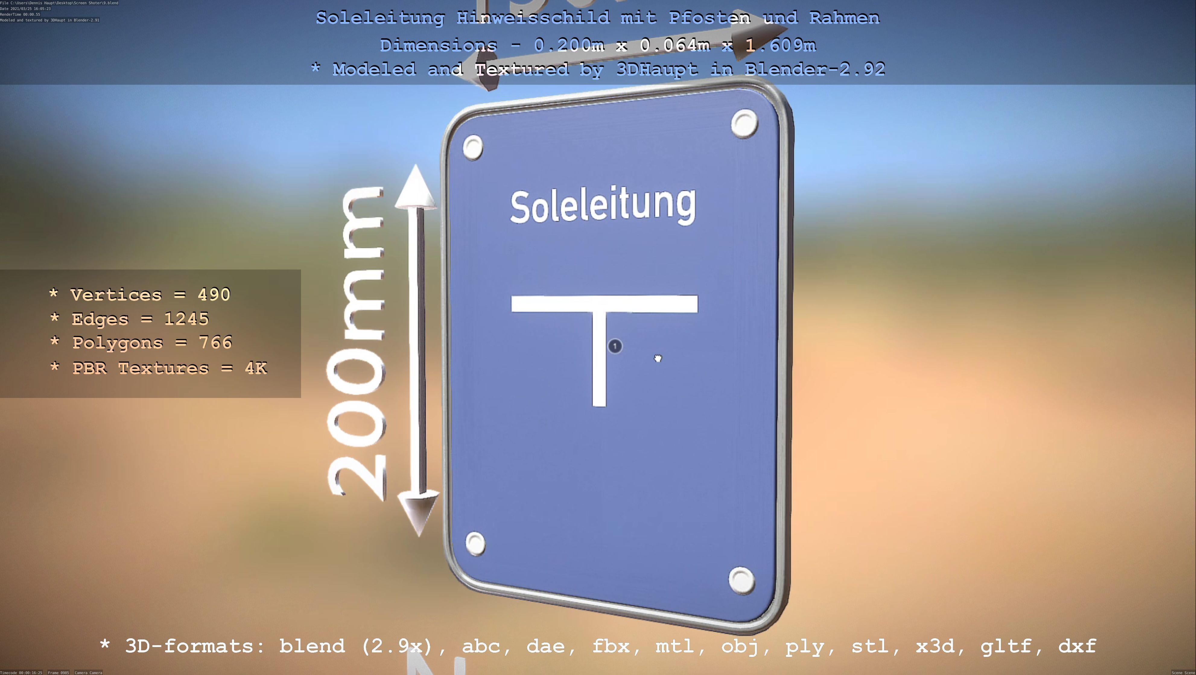 Hinweisschild Soleleitung mit Pfosten und Rahmen Low-poly 3D model_115