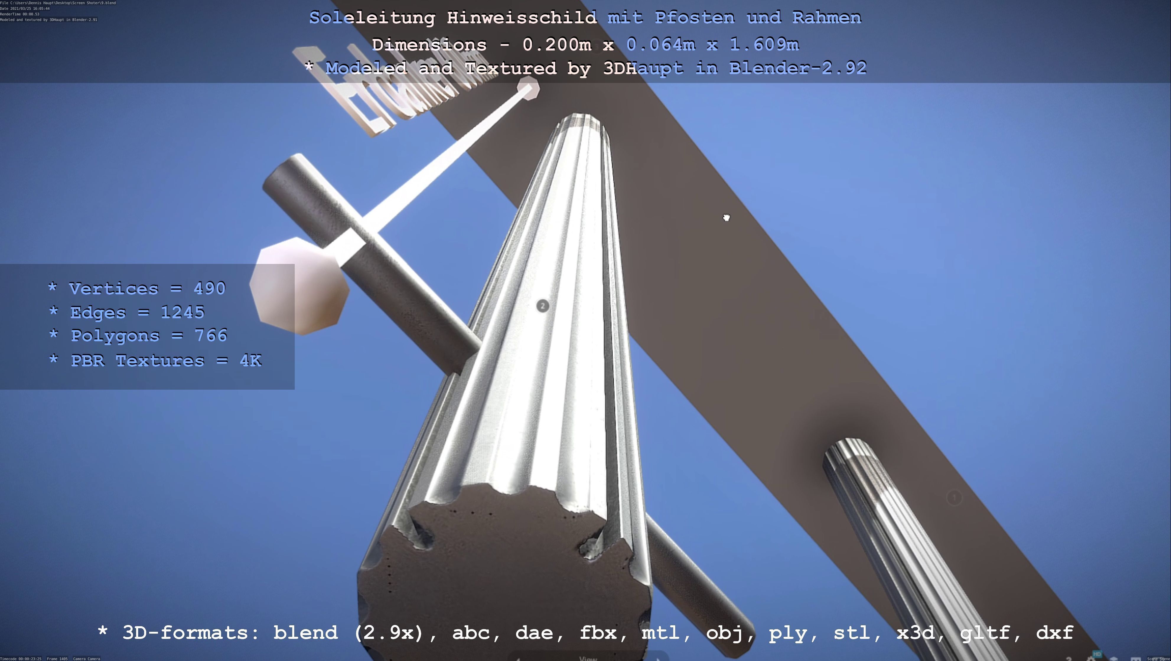 Hinweisschild Soleleitung mit Pfosten und Rahmen Low-poly 3D model_139