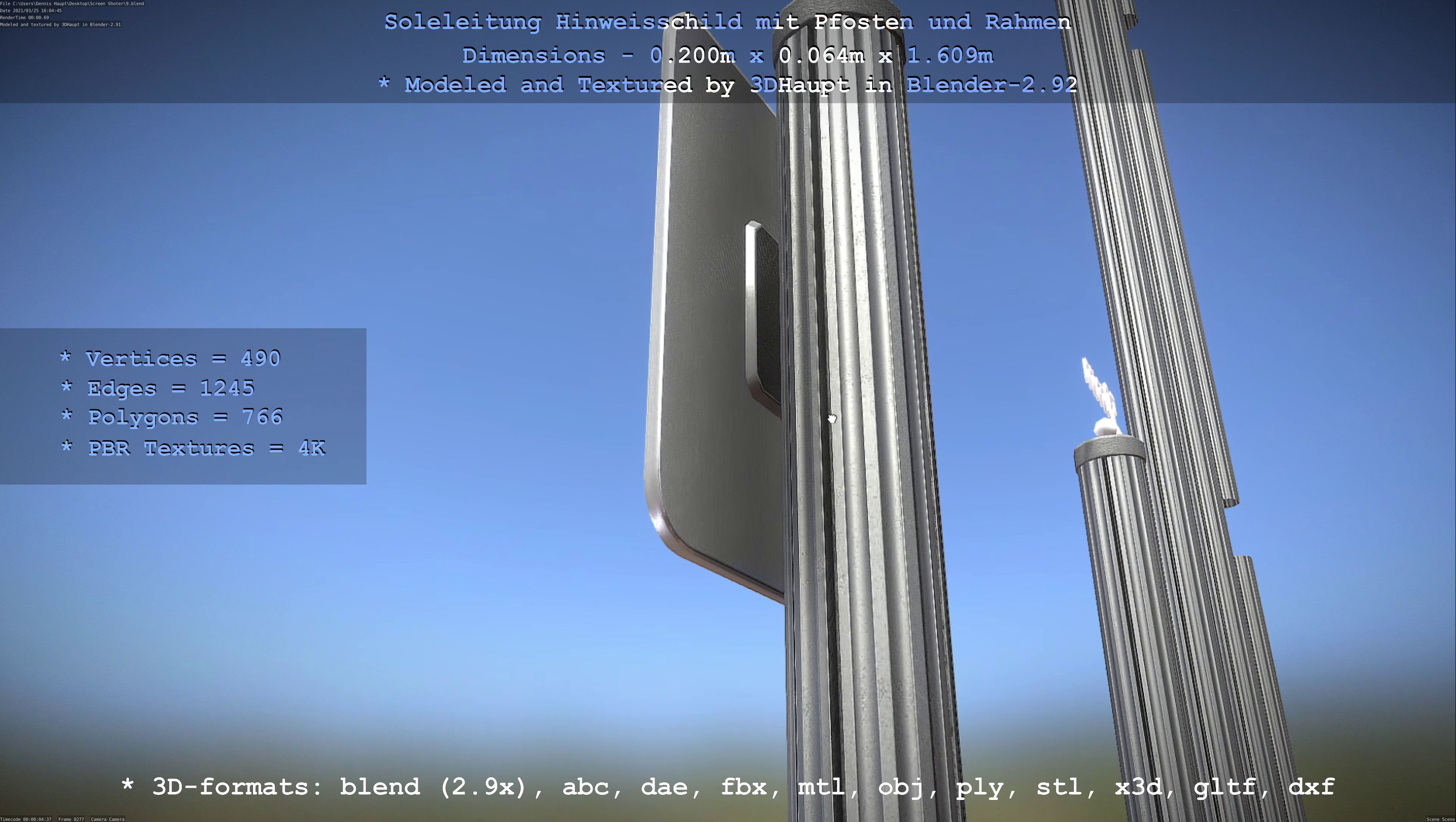 Hinweisschild Soleleitung mit Pfosten und Rahmen Low-poly 3D model_86