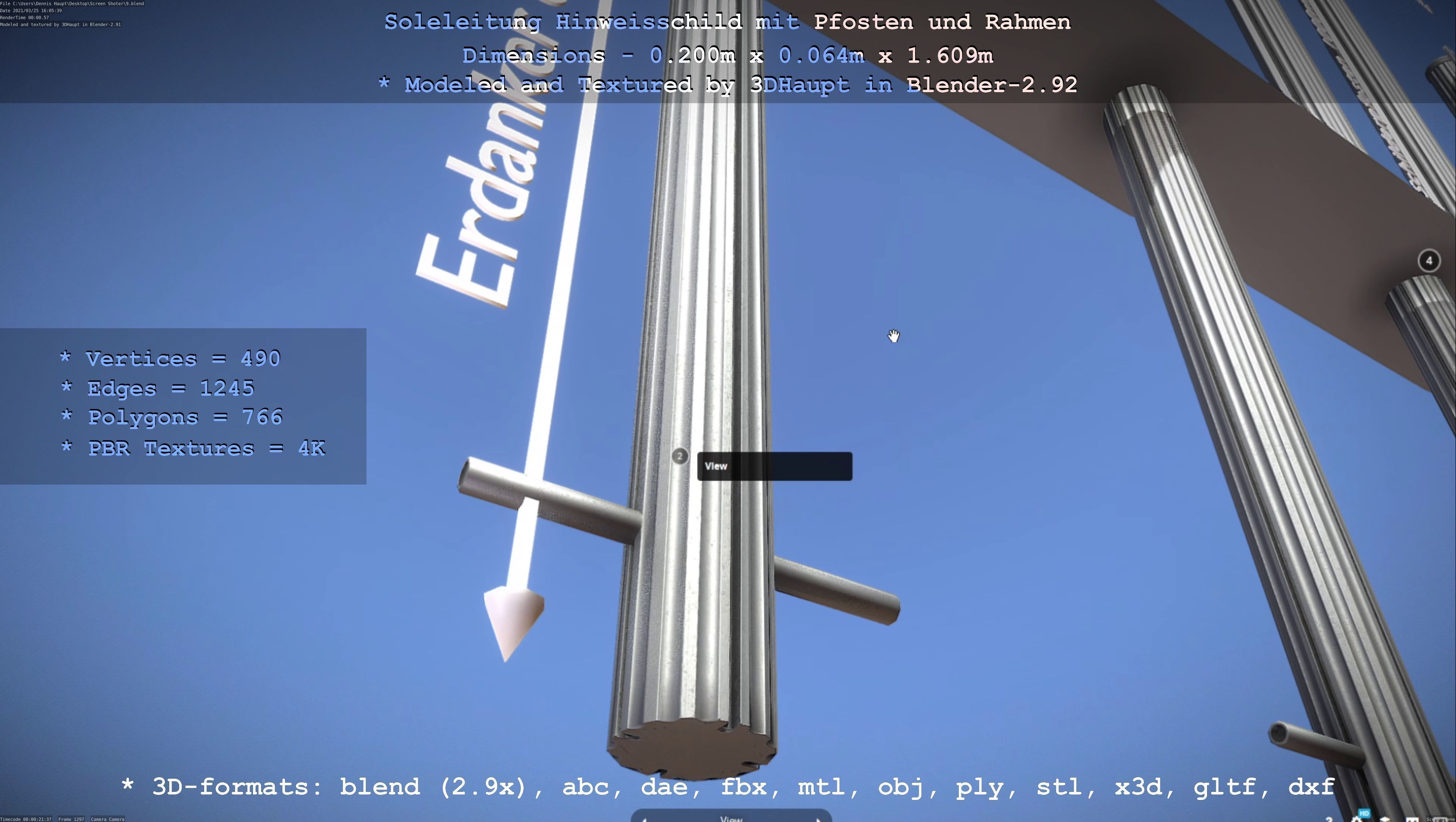 Hinweisschild Soleleitung mit Pfosten und Rahmen Low-poly 3D model_3