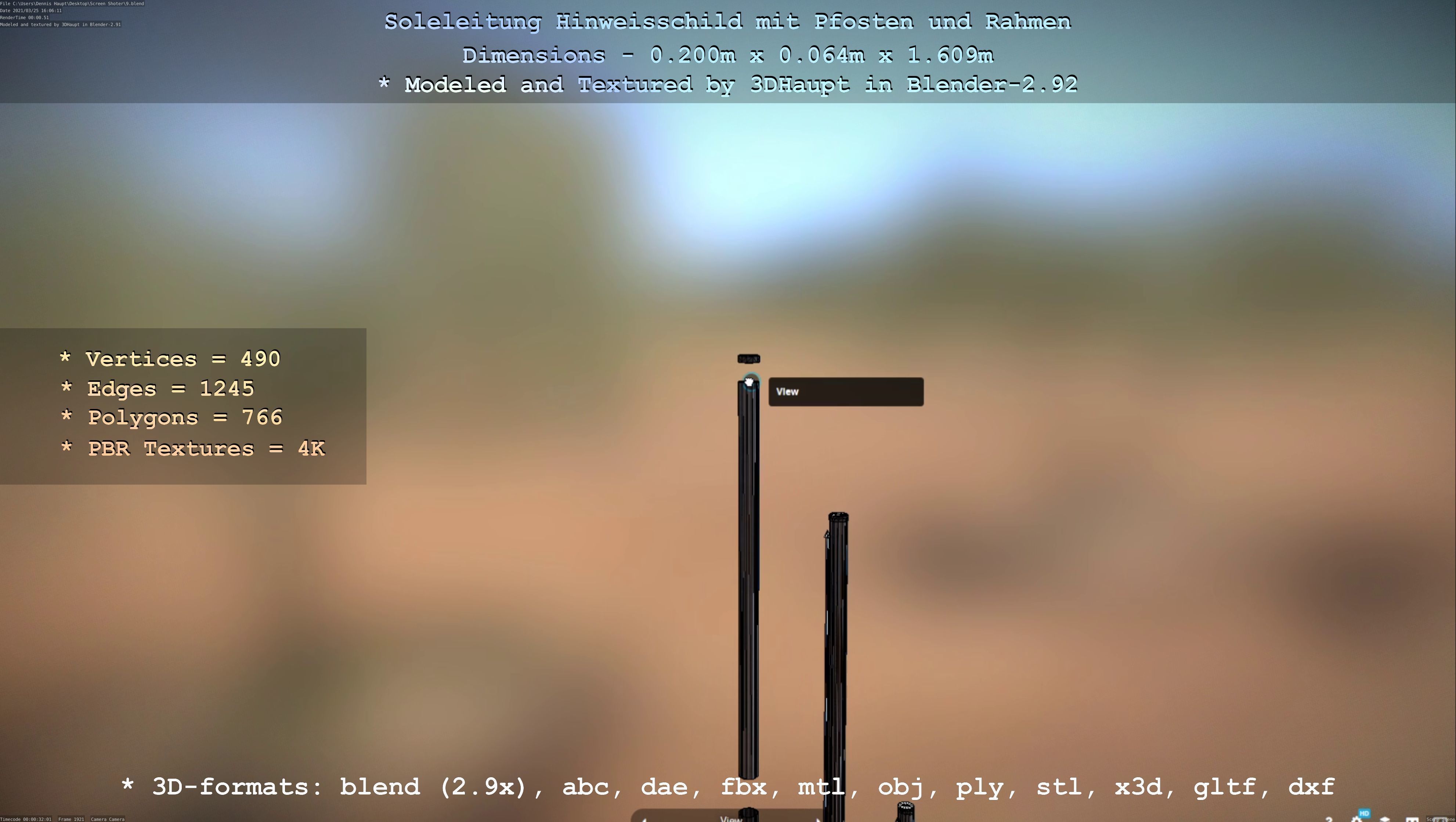 Hinweisschild Soleleitung mit Pfosten und Rahmen Low-poly 3D model_60