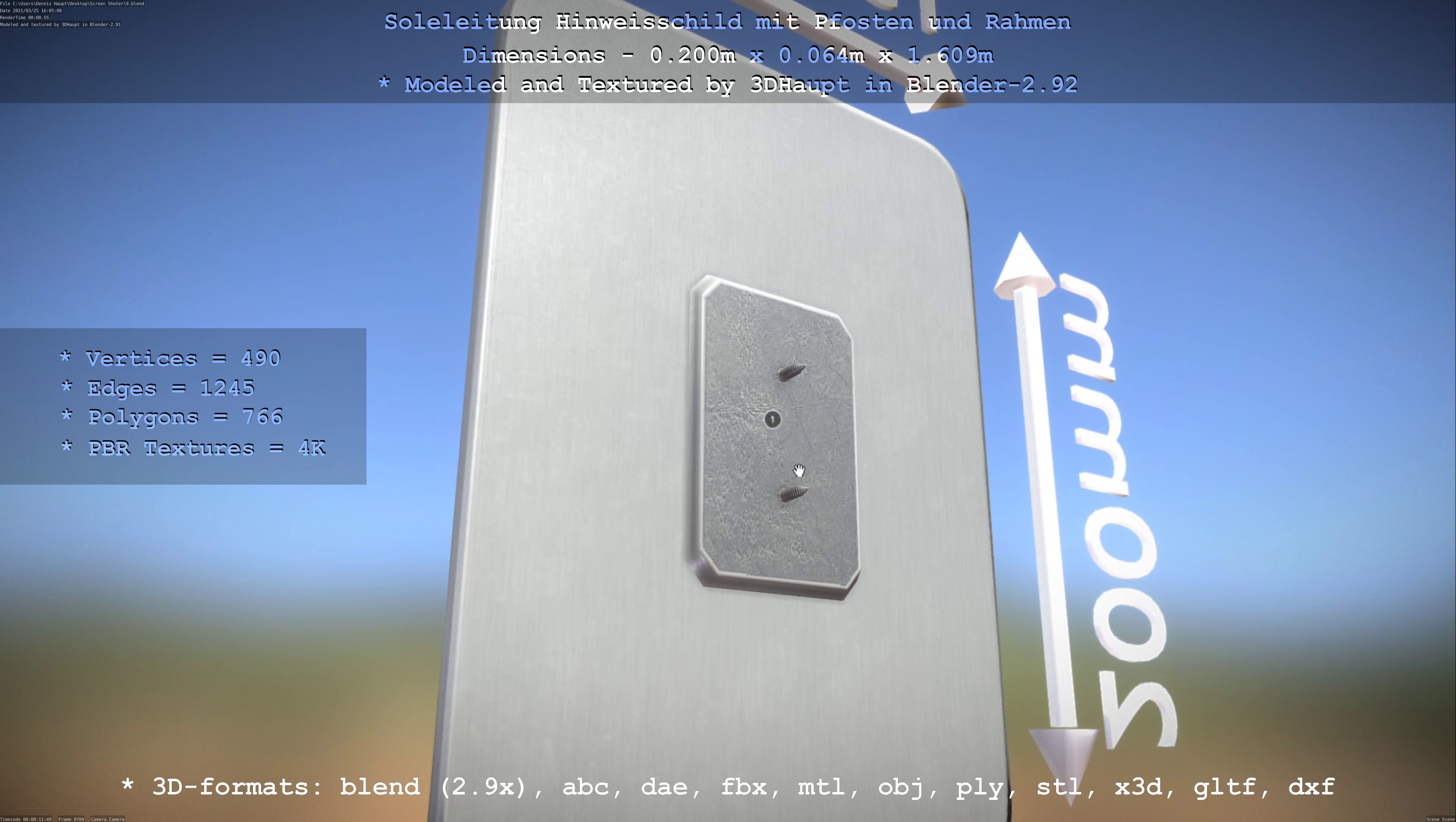 Hinweisschild Soleleitung mit Pfosten und Rahmen Low-poly 3D model_39