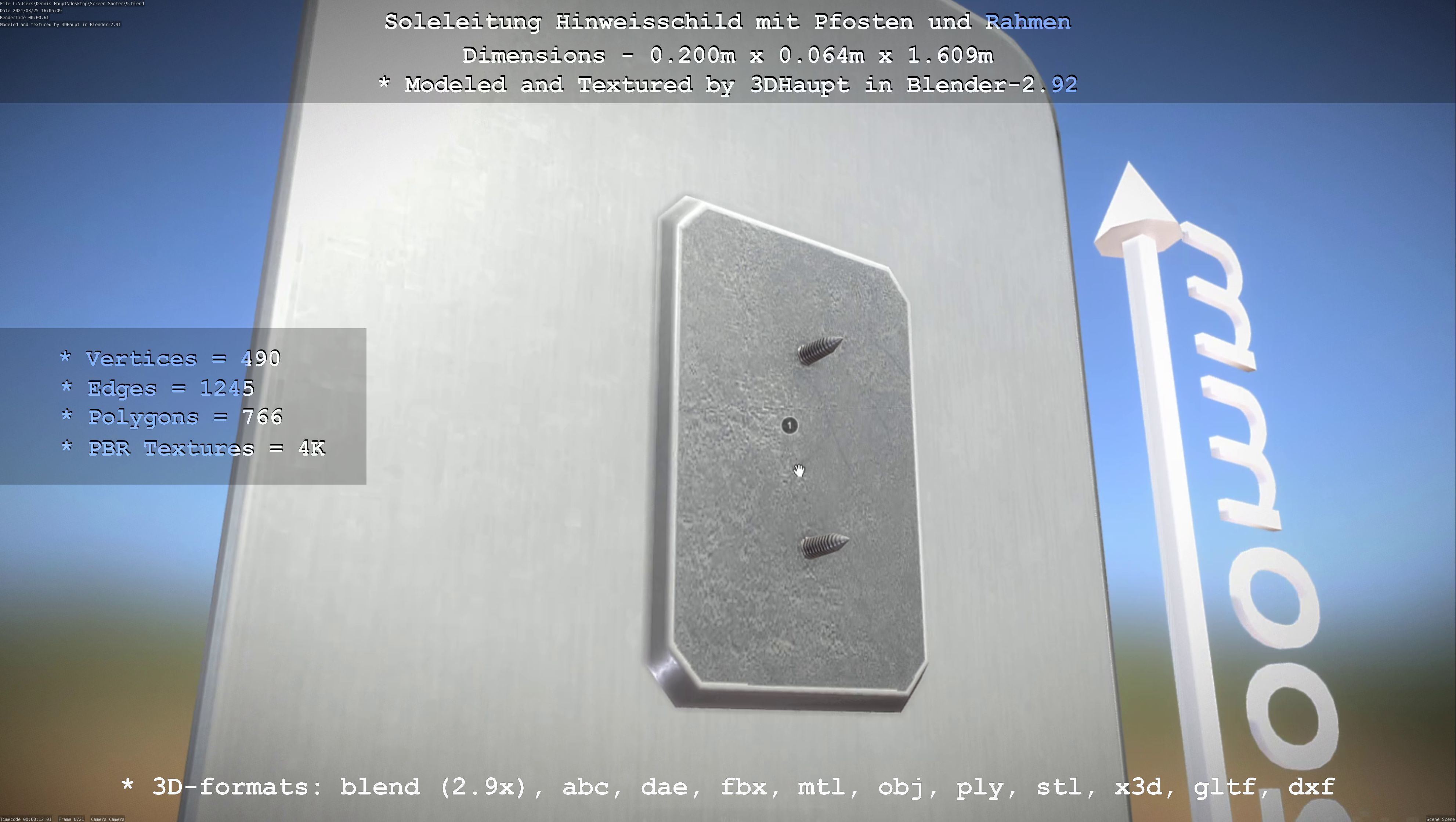 Hinweisschild Soleleitung mit Pfosten und Rahmen Low-poly 3D model_105