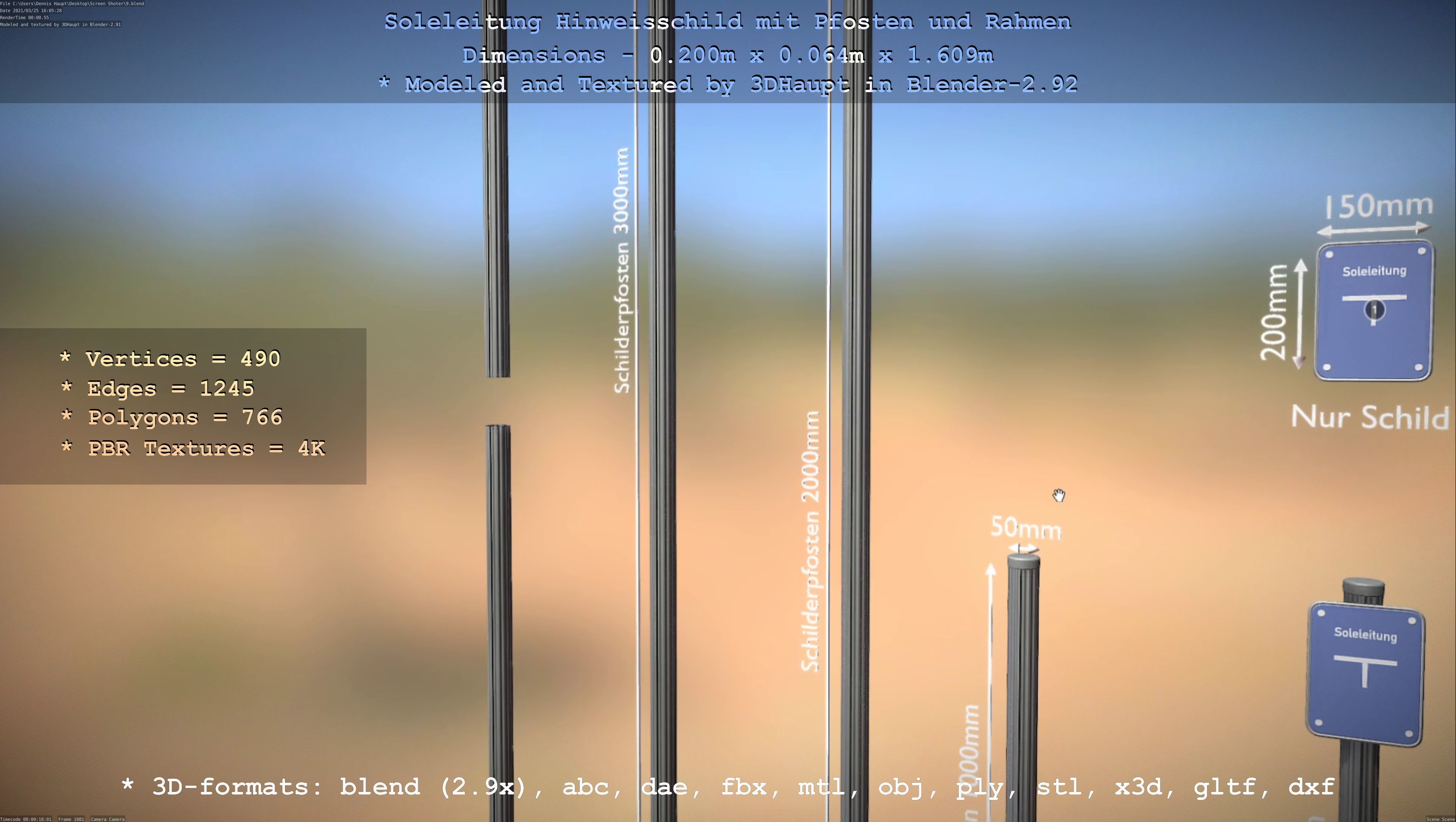 Hinweisschild Soleleitung mit Pfosten und Rahmen Low-poly 3D model_122