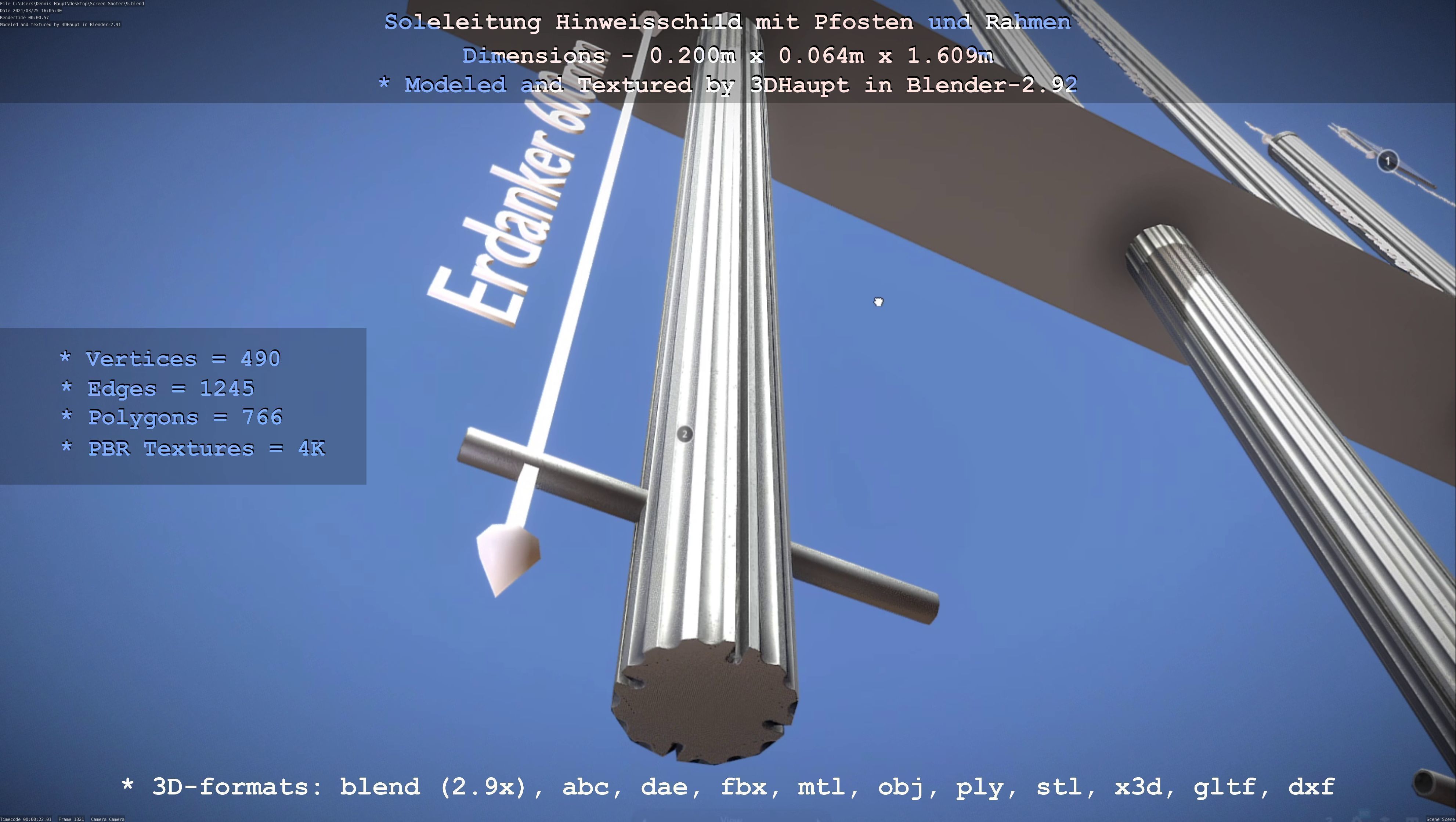 Hinweisschild Soleleitung mit Pfosten und Rahmen Low-poly 3D model_133