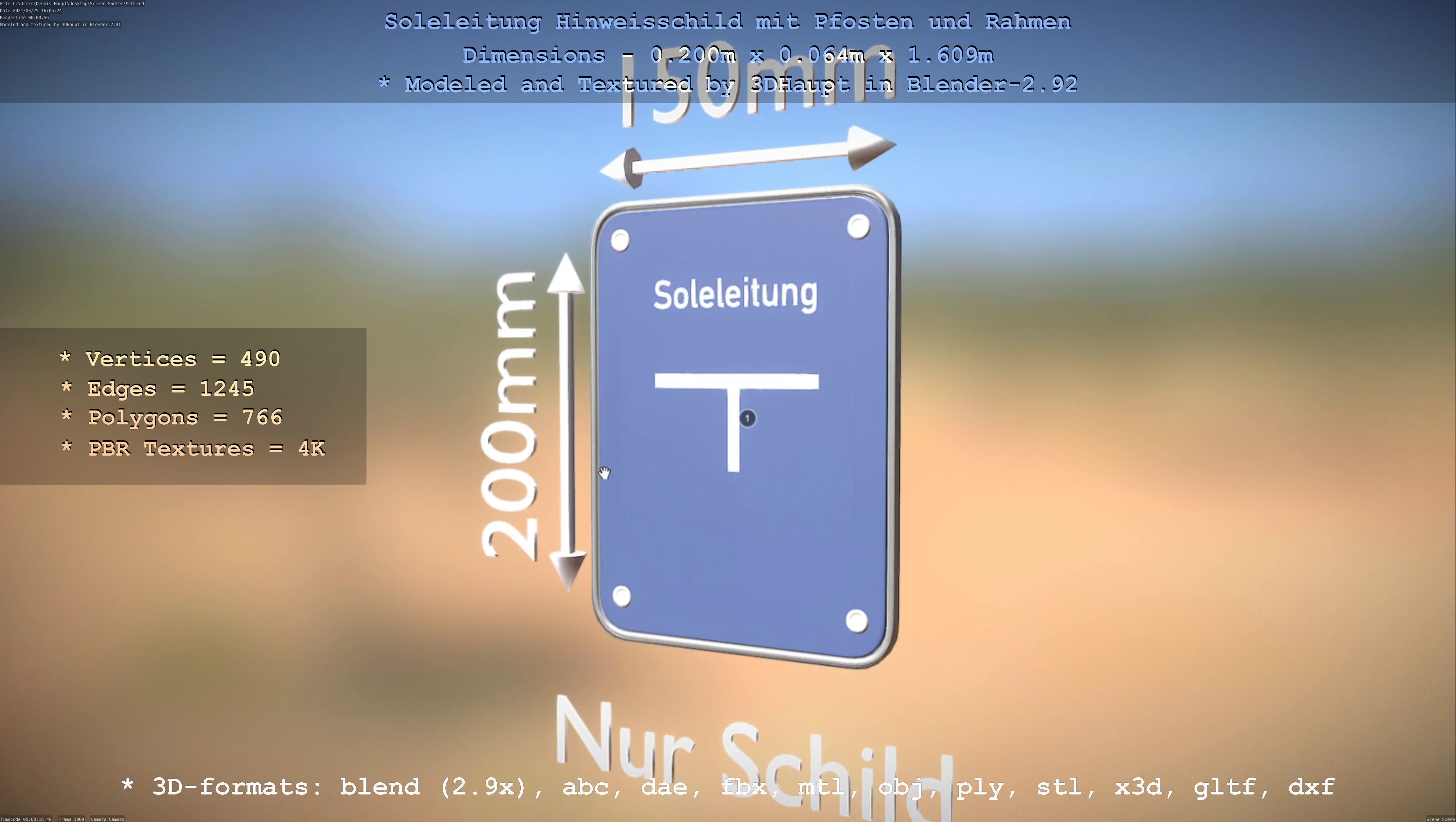 Hinweisschild Soleleitung mit Pfosten und Rahmen Low-poly 3D model_116