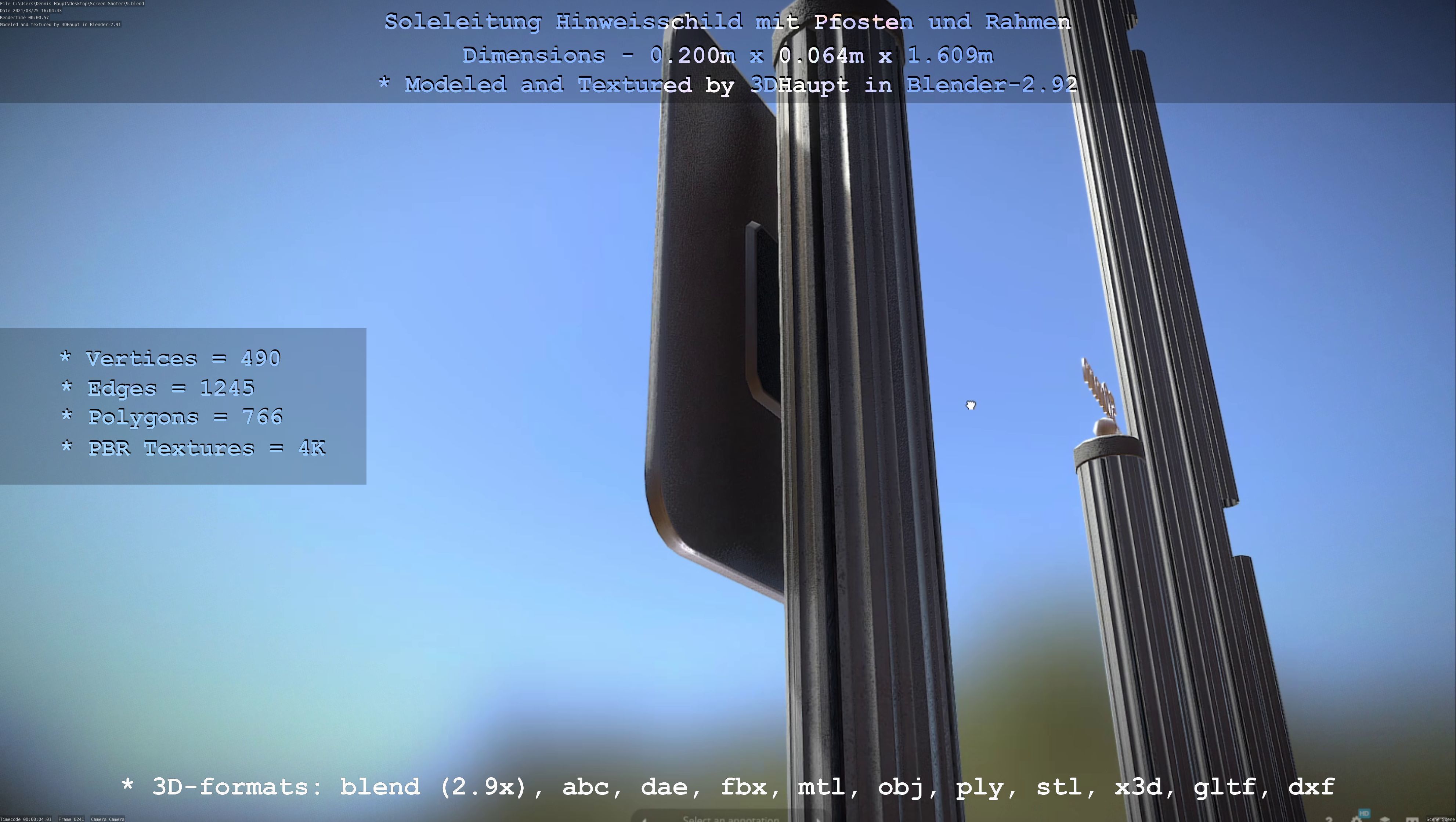 Hinweisschild Soleleitung mit Pfosten und Rahmen Low-poly 3D model_84