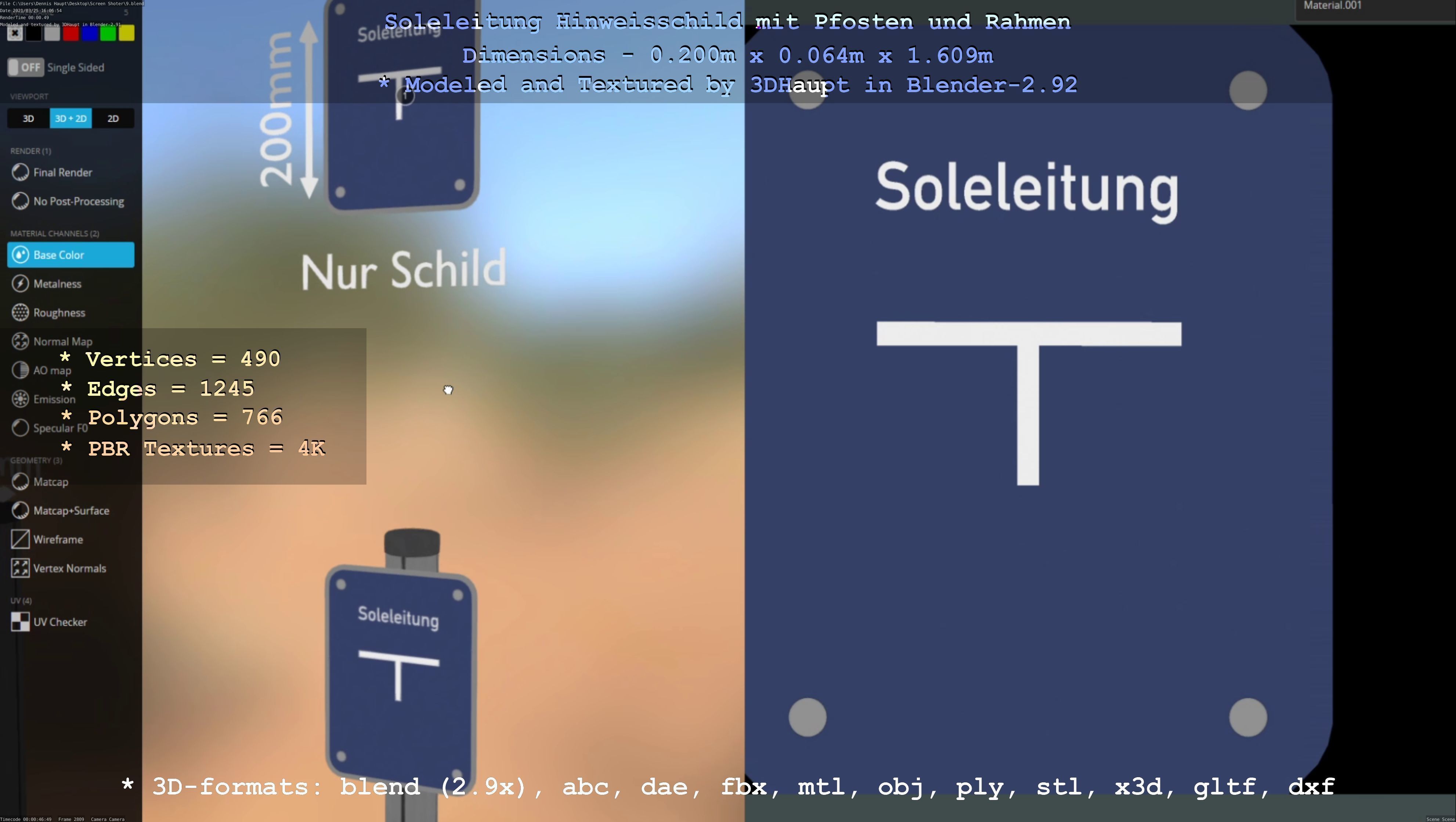 Hinweisschild Soleleitung mit Pfosten und Rahmen Low-poly 3D model_70