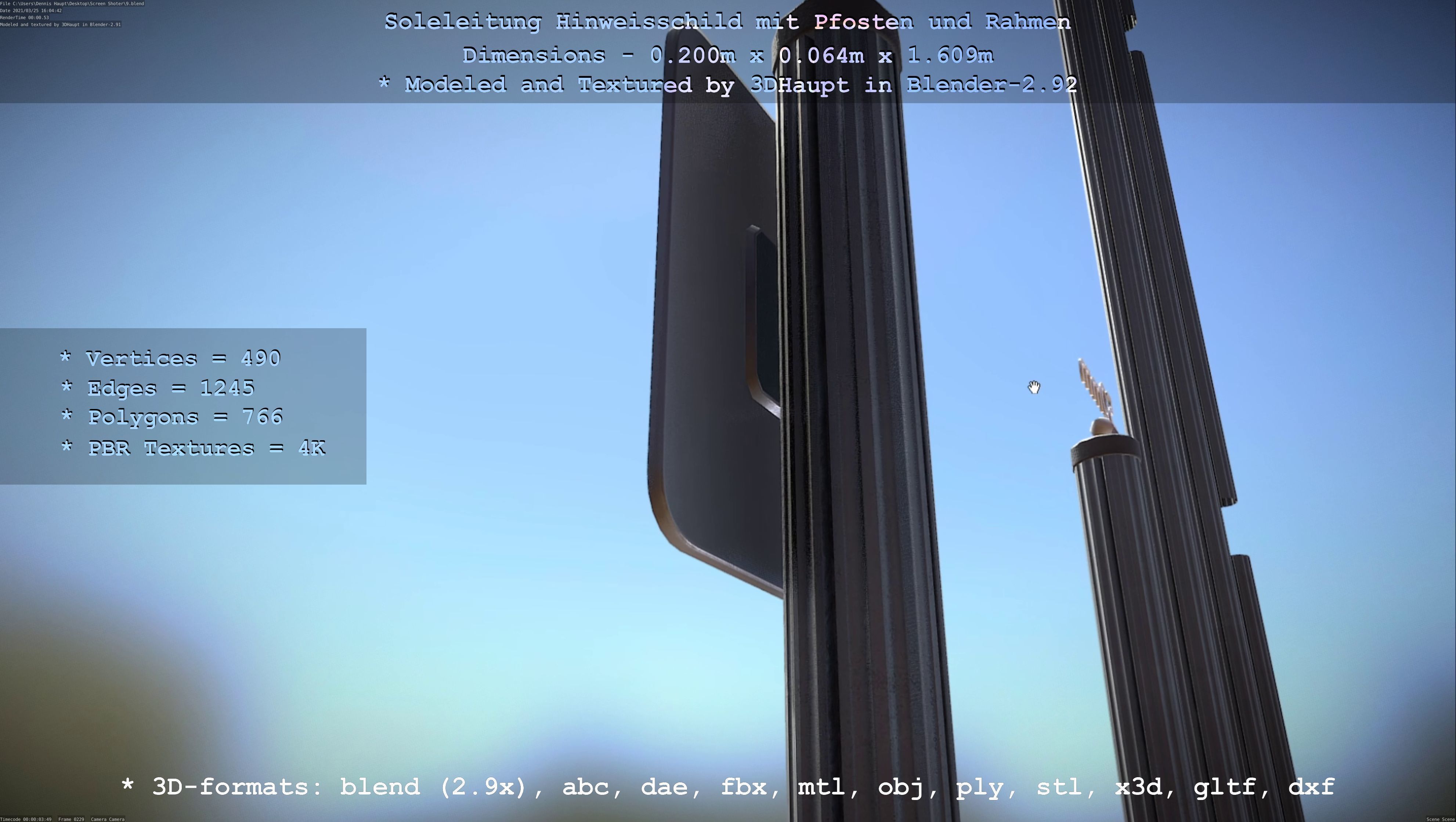 Hinweisschild Soleleitung mit Pfosten und Rahmen Low-poly 3D model_83