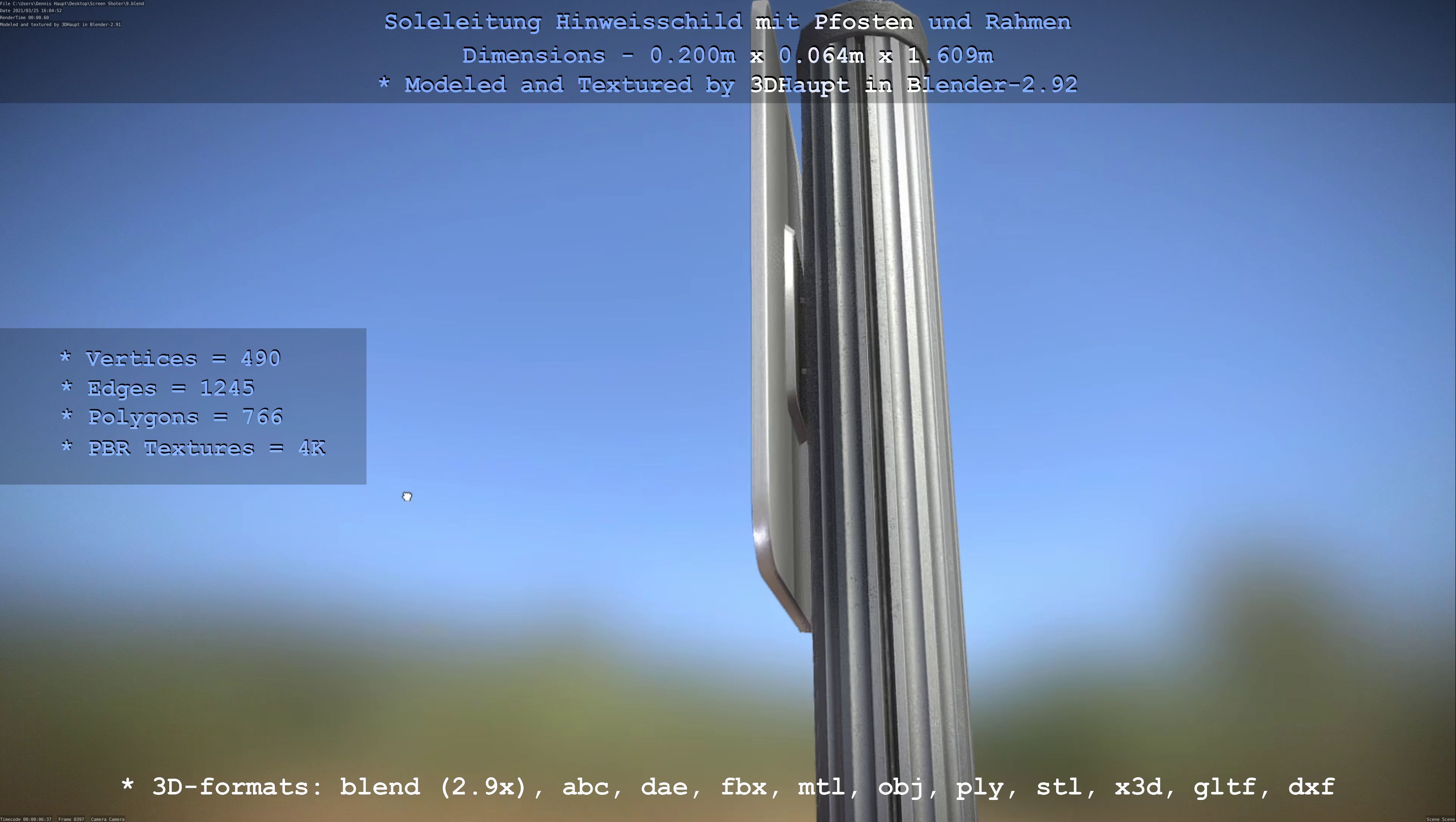 Hinweisschild Soleleitung mit Pfosten und Rahmen Low-poly 3D model_33