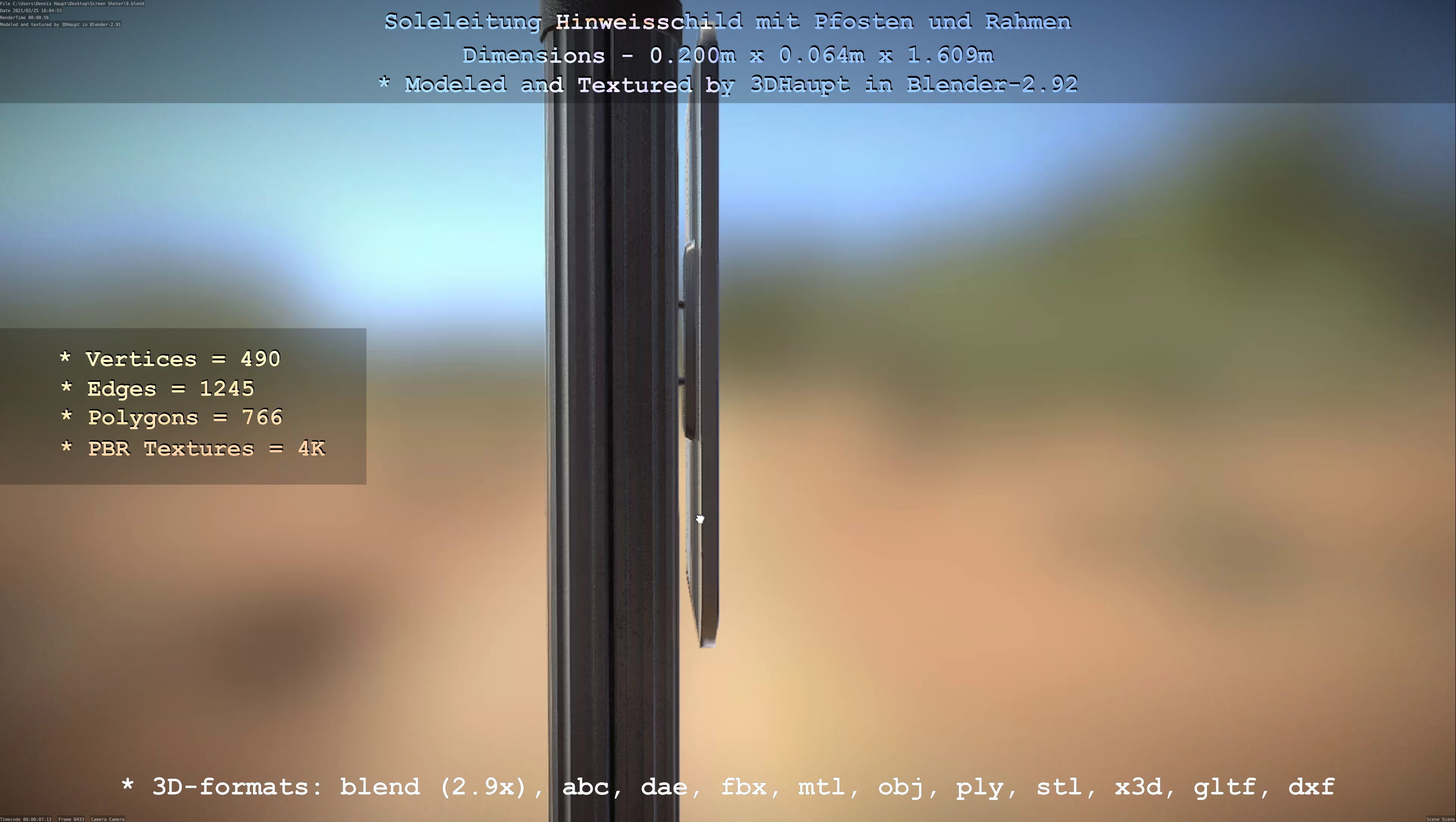 Hinweisschild Soleleitung mit Pfosten und Rahmen Low-poly 3D model_93