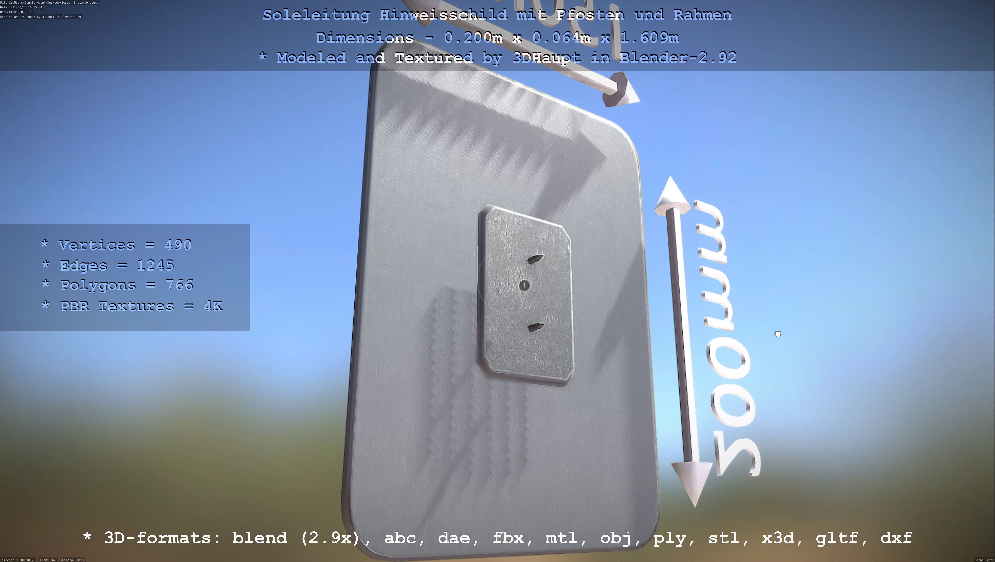 Hinweisschild Soleleitung mit Pfosten und Rahmen Low-poly 3D model_97