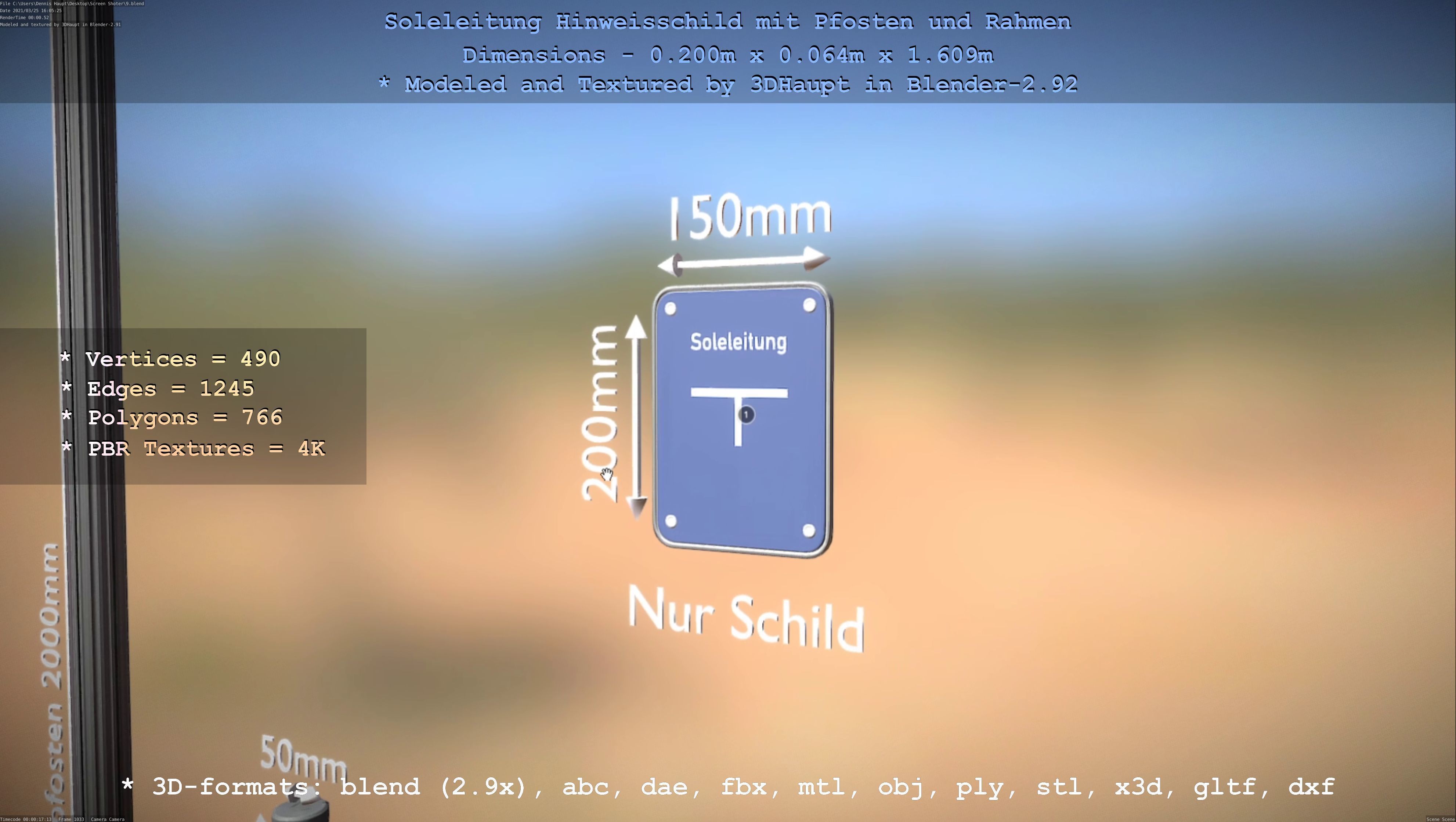 Hinweisschild Soleleitung mit Pfosten und Rahmen Low-poly 3D model_118