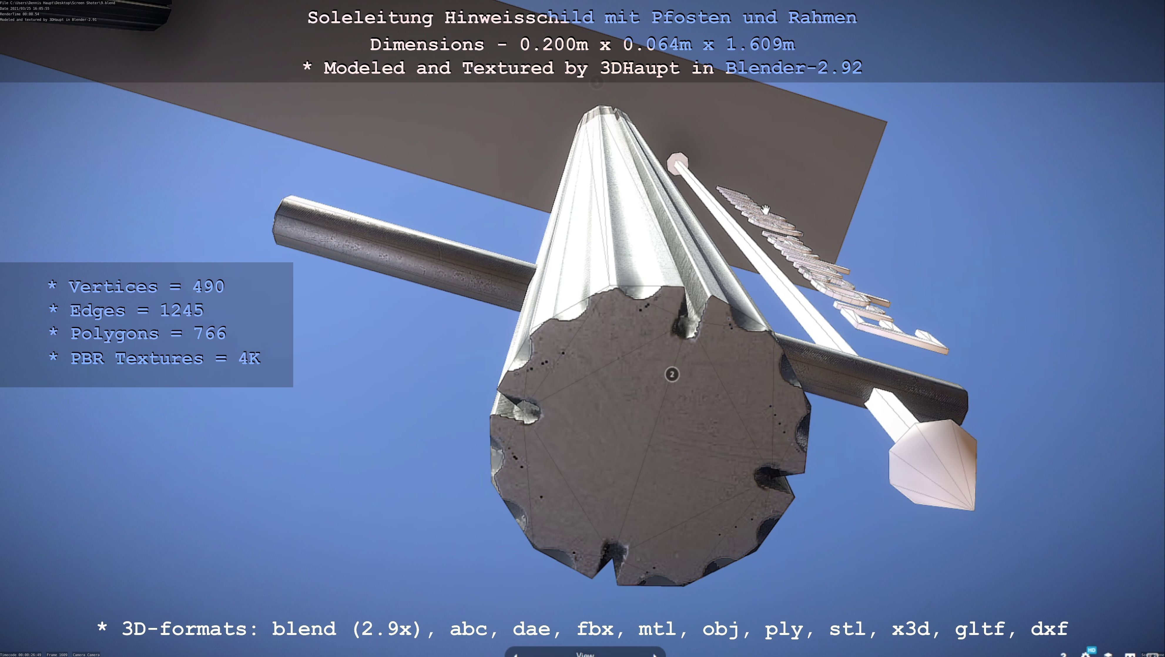 Hinweisschild Soleleitung mit Pfosten und Rahmen Low-poly 3D model_98