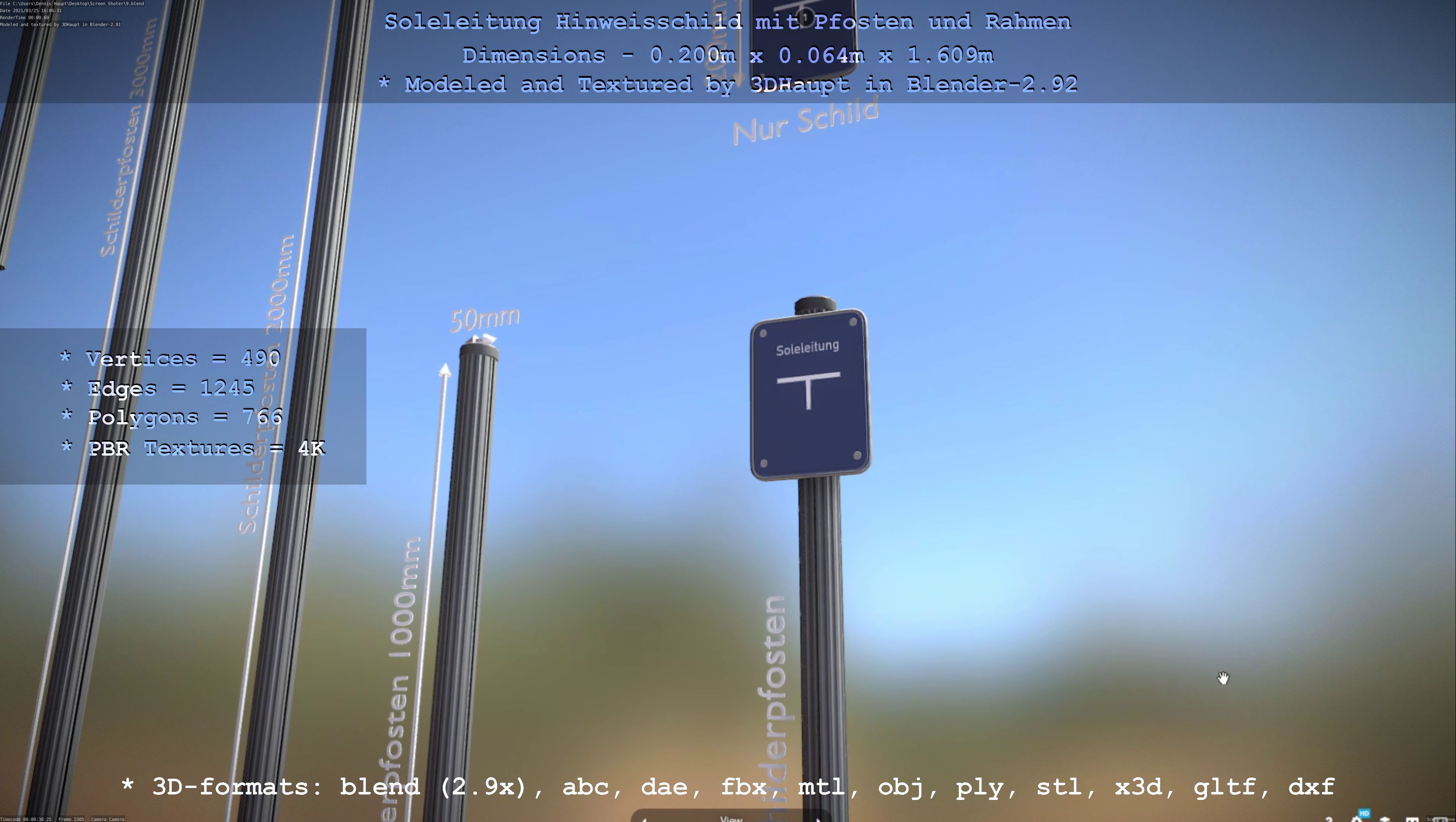 Hinweisschild Soleleitung mit Pfosten und Rahmen Low-poly 3D model_68