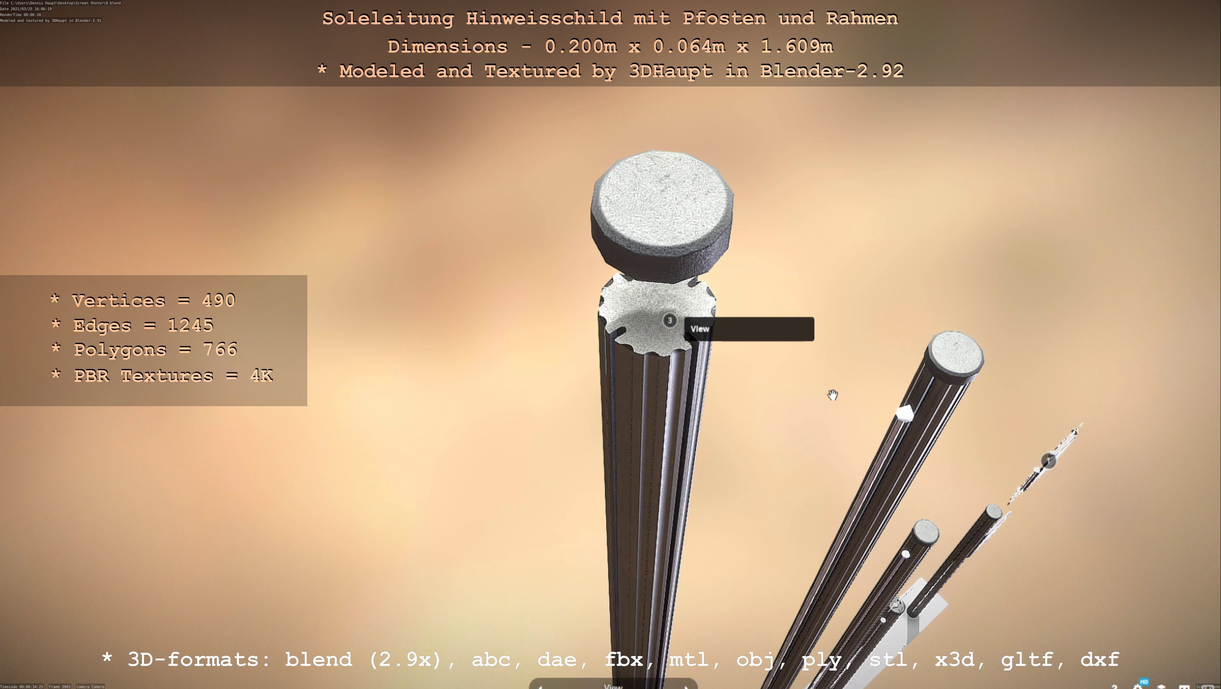 Hinweisschild Soleleitung mit Pfosten und Rahmen Low-poly 3D model_67