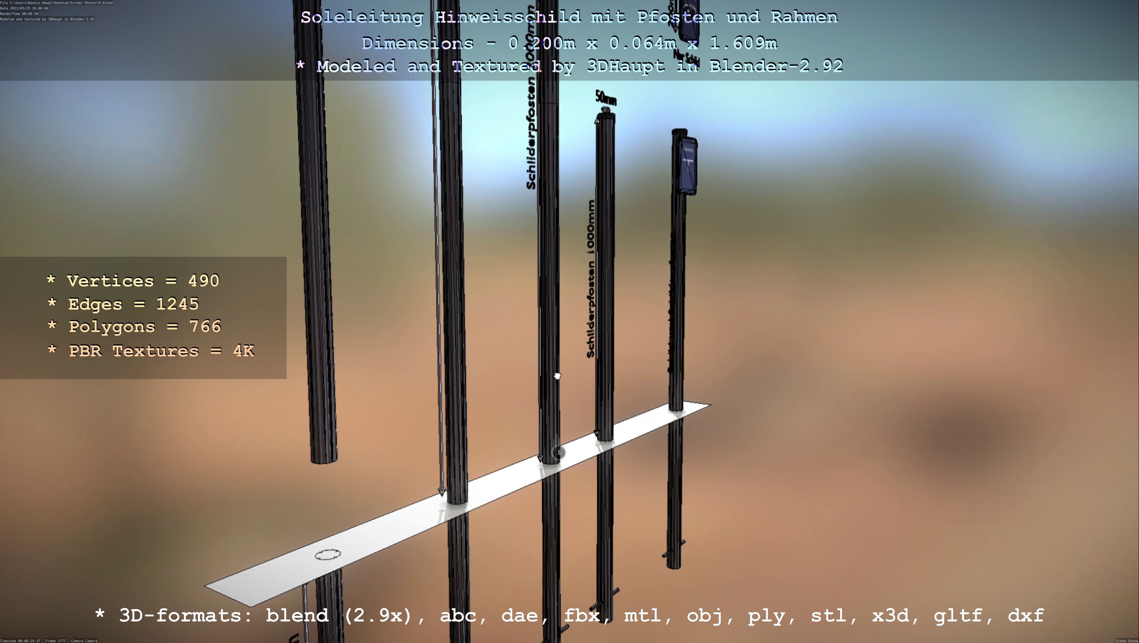 Hinweisschild Soleleitung mit Pfosten und Rahmen Low-poly 3D model_47