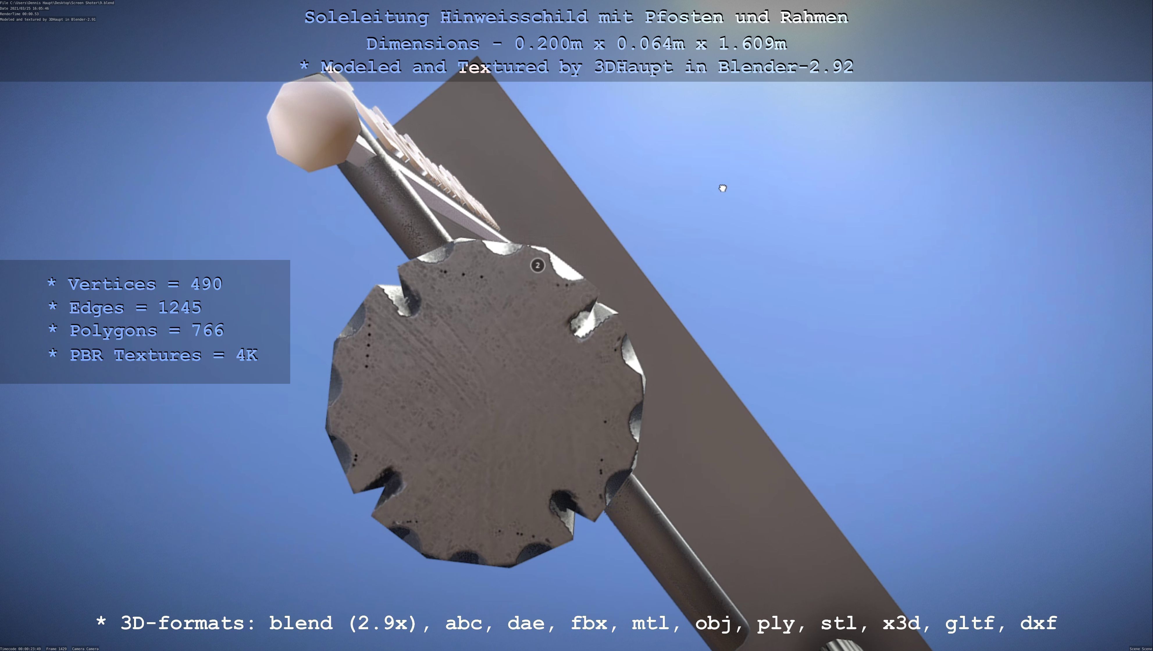 Hinweisschild Soleleitung mit Pfosten und Rahmen Low-poly 3D model_141