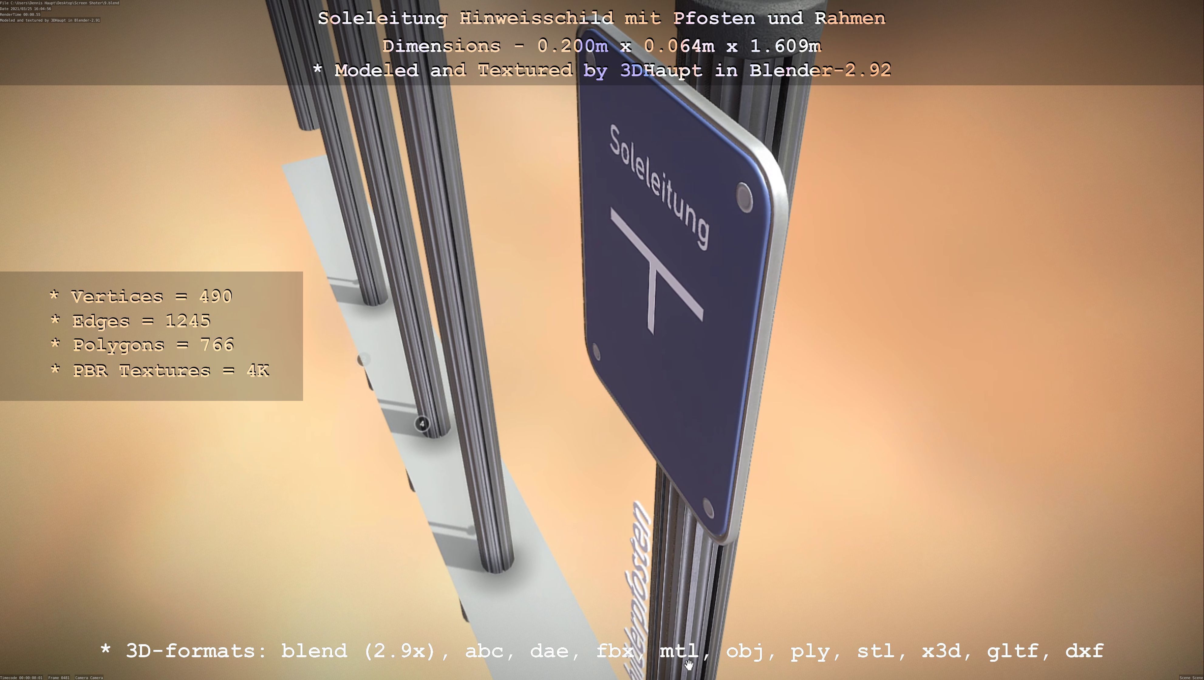 Hinweisschild Soleleitung mit Pfosten und Rahmen Low-poly 3D model_95