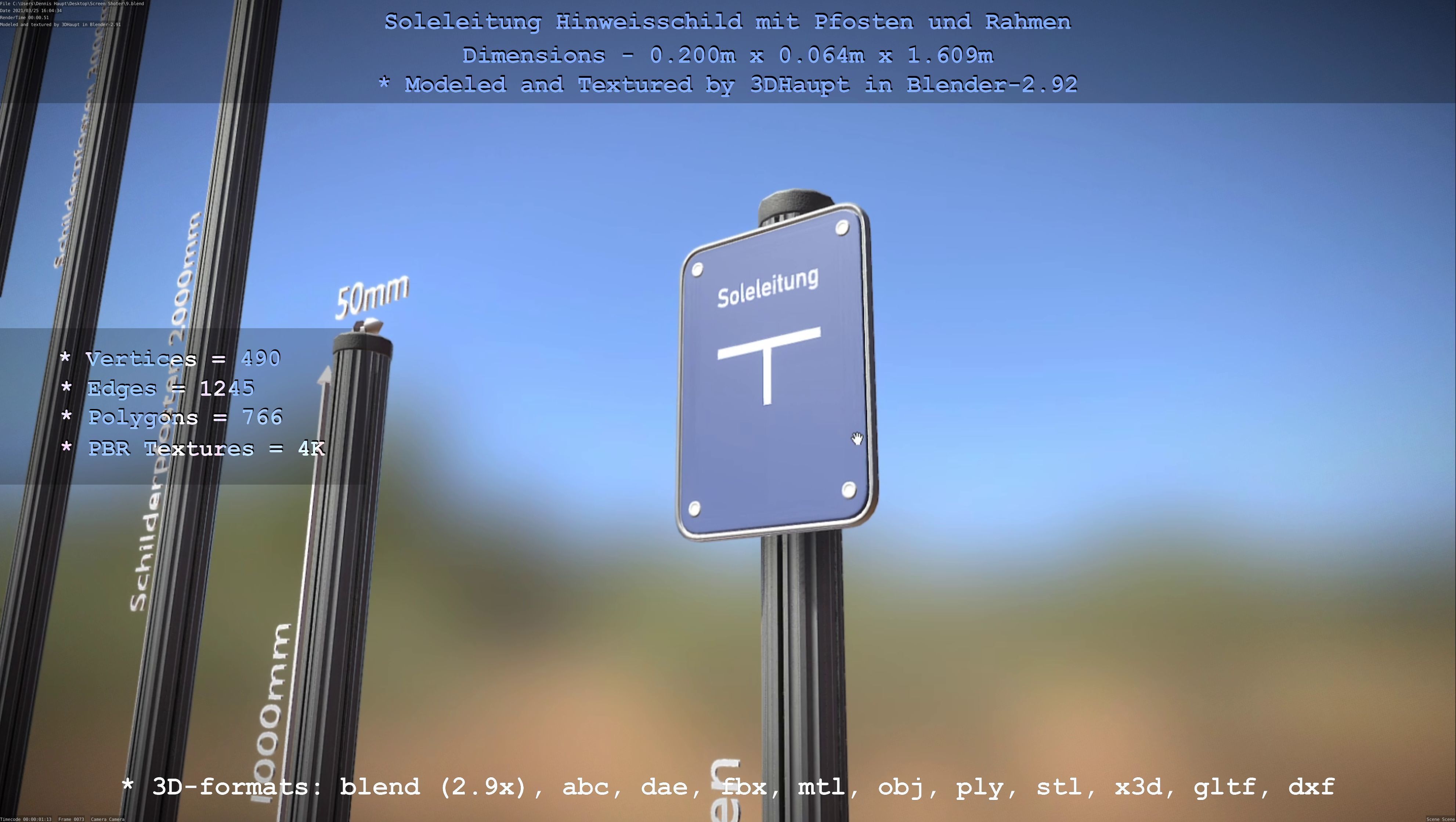 Hinweisschild Soleleitung mit Pfosten und Rahmen Low-poly 3D model_79