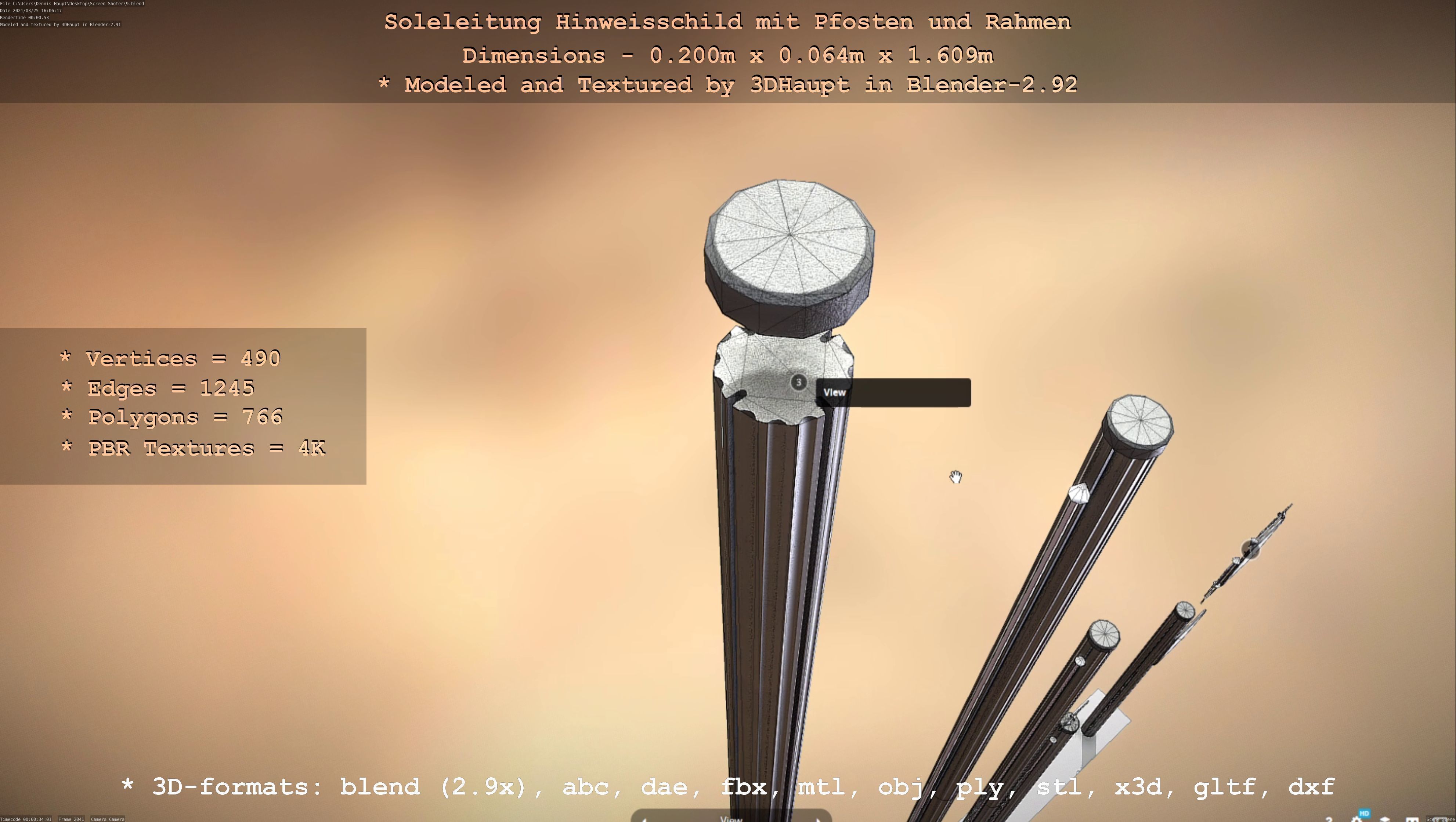 Hinweisschild Soleleitung mit Pfosten und Rahmen Low-poly 3D model_64