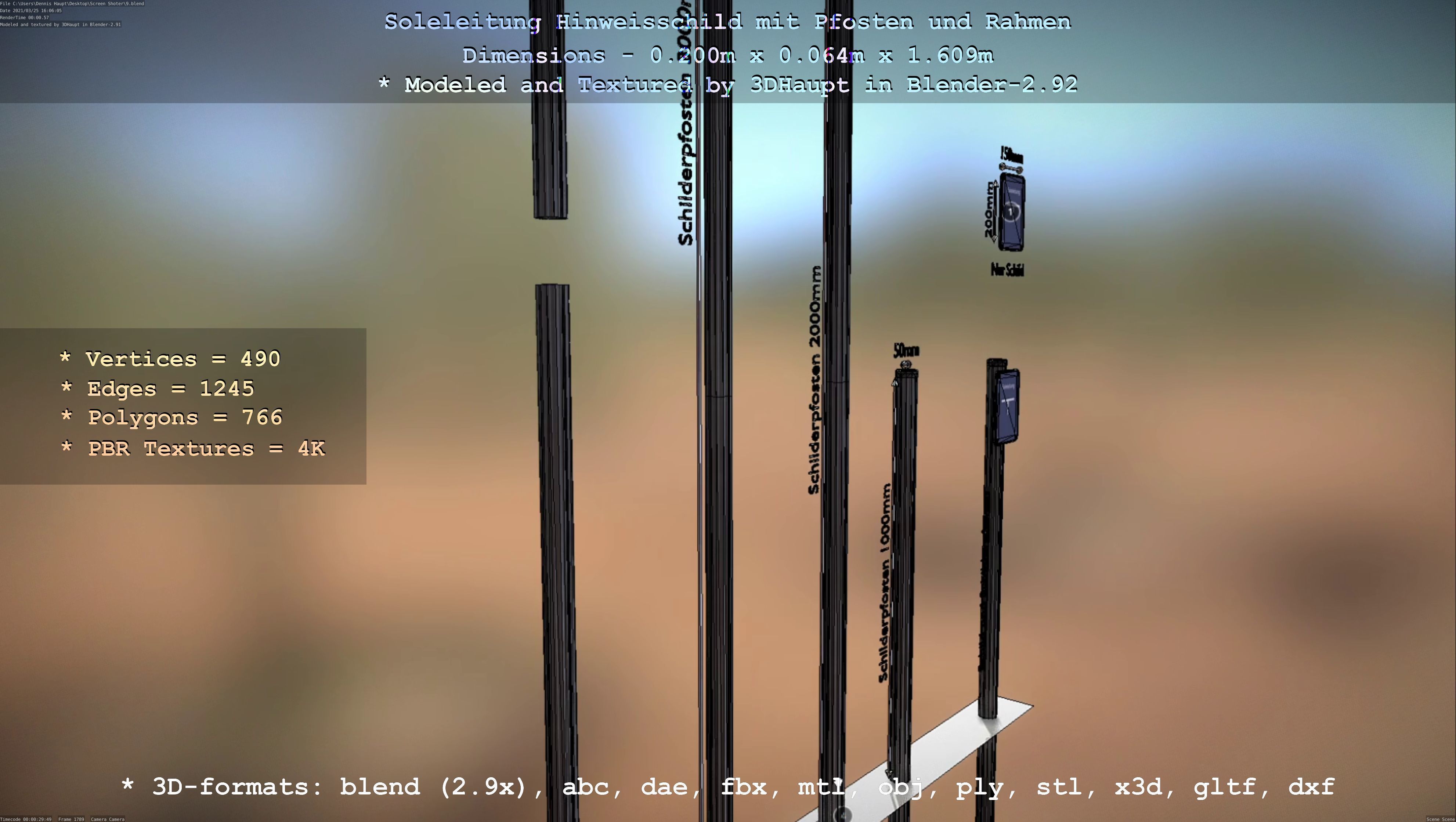 Hinweisschild Soleleitung mit Pfosten und Rahmen Low-poly 3D model_48