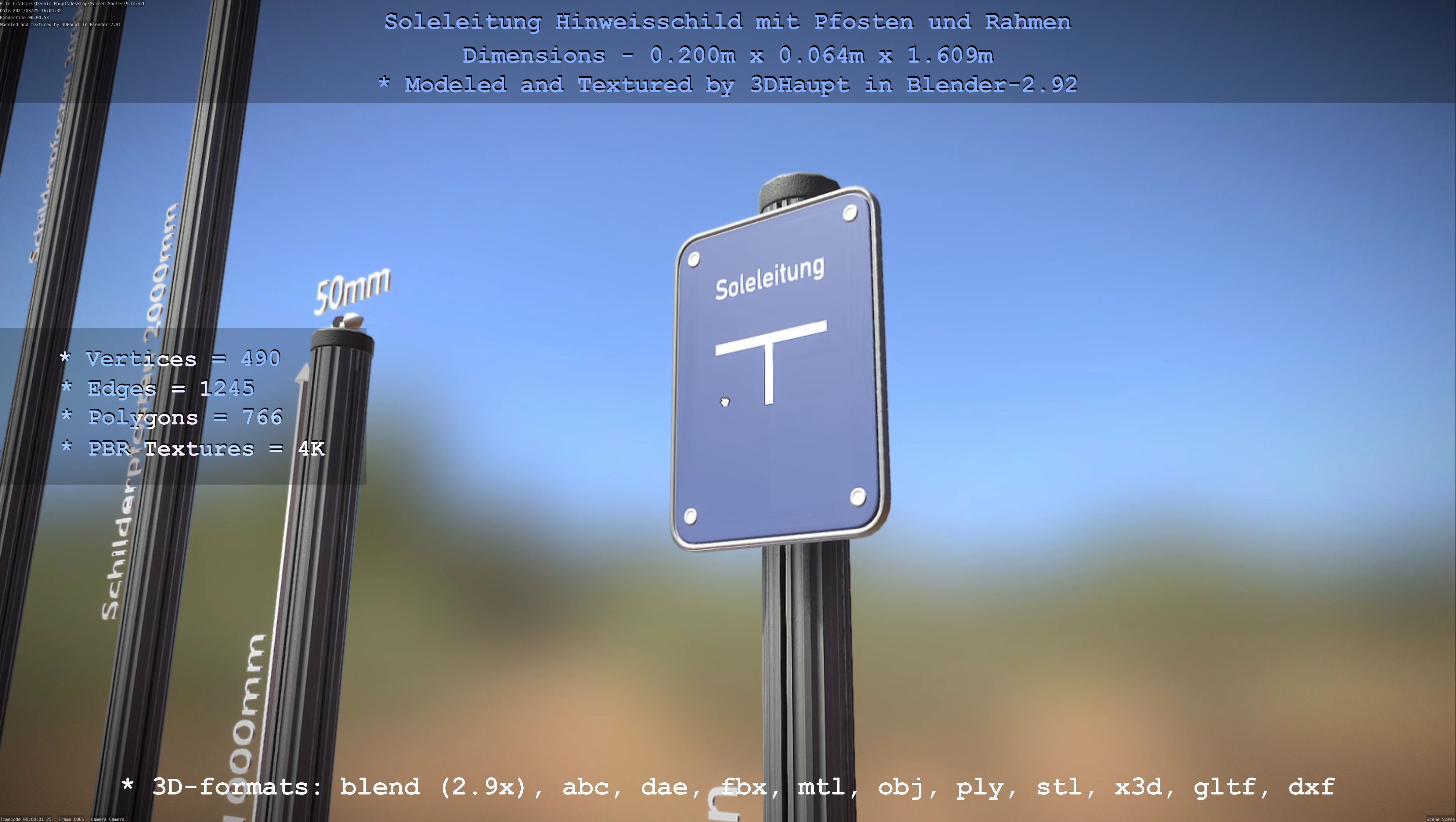 Hinweisschild Soleleitung mit Pfosten und Rahmen Low-poly 3D model_80