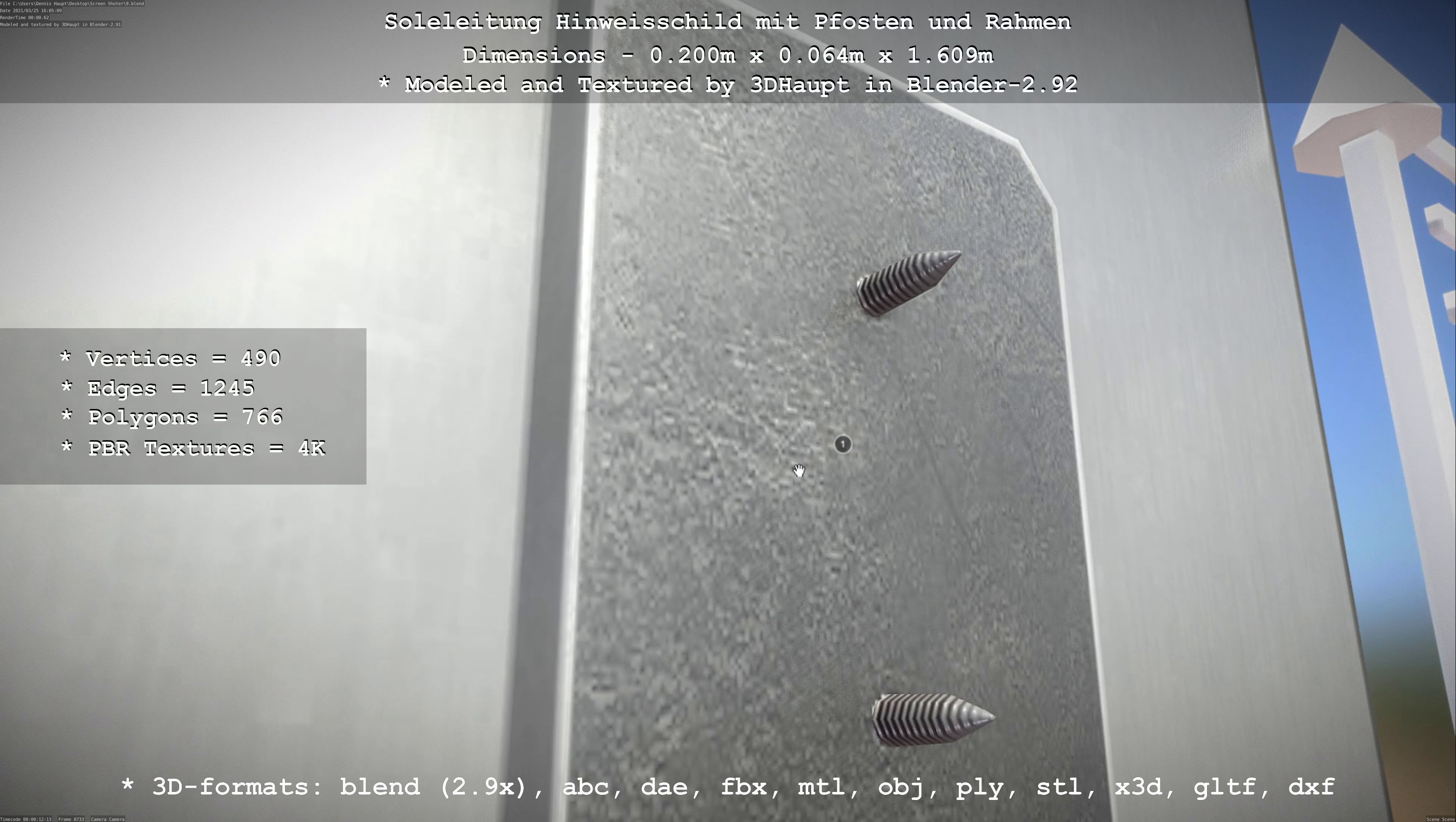 Hinweisschild Soleleitung mit Pfosten und Rahmen Low-poly 3D model_106