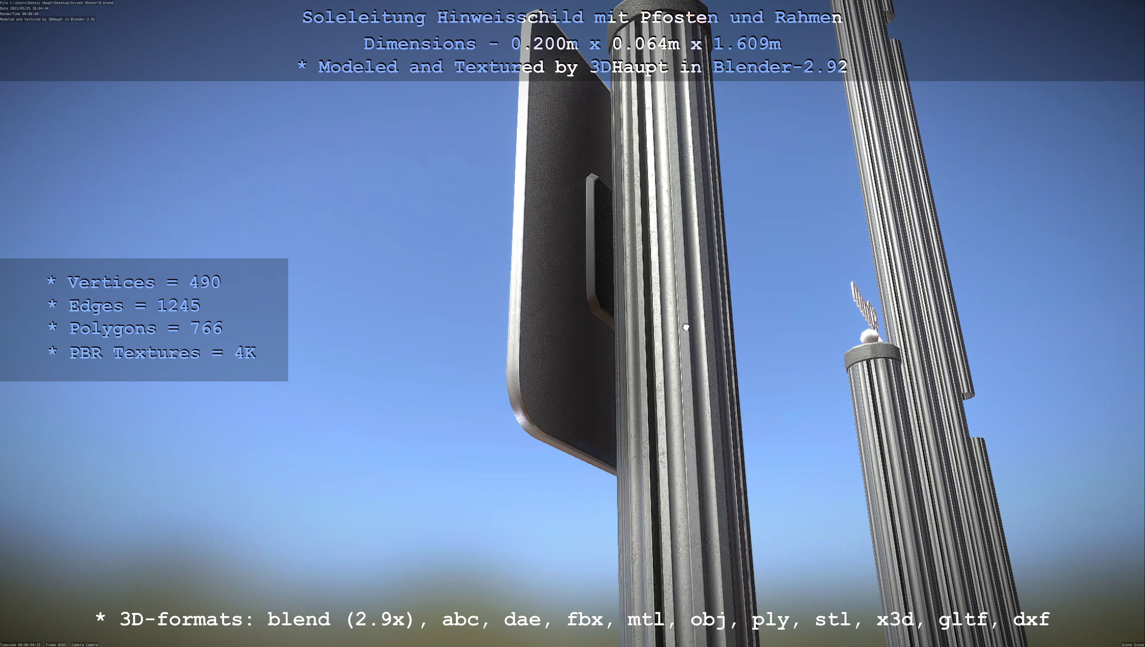 Hinweisschild Soleleitung mit Pfosten und Rahmen Low-poly 3D model_28