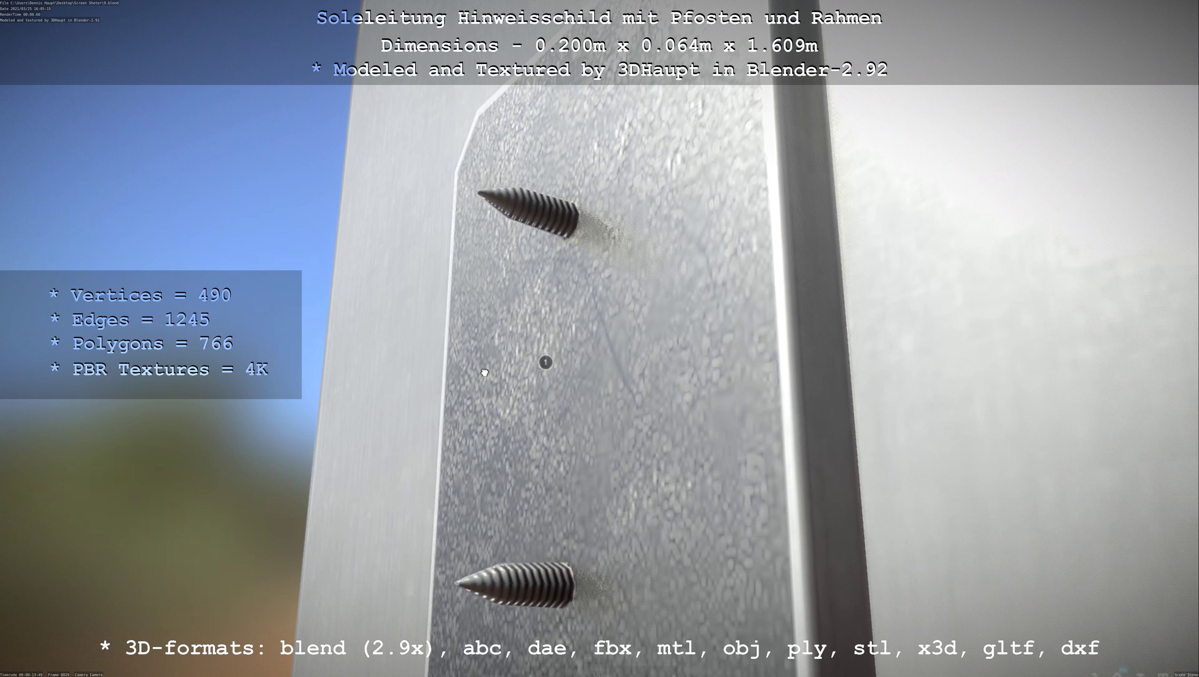 Hinweisschild Soleleitung mit Pfosten und Rahmen Low-poly 3D model_8