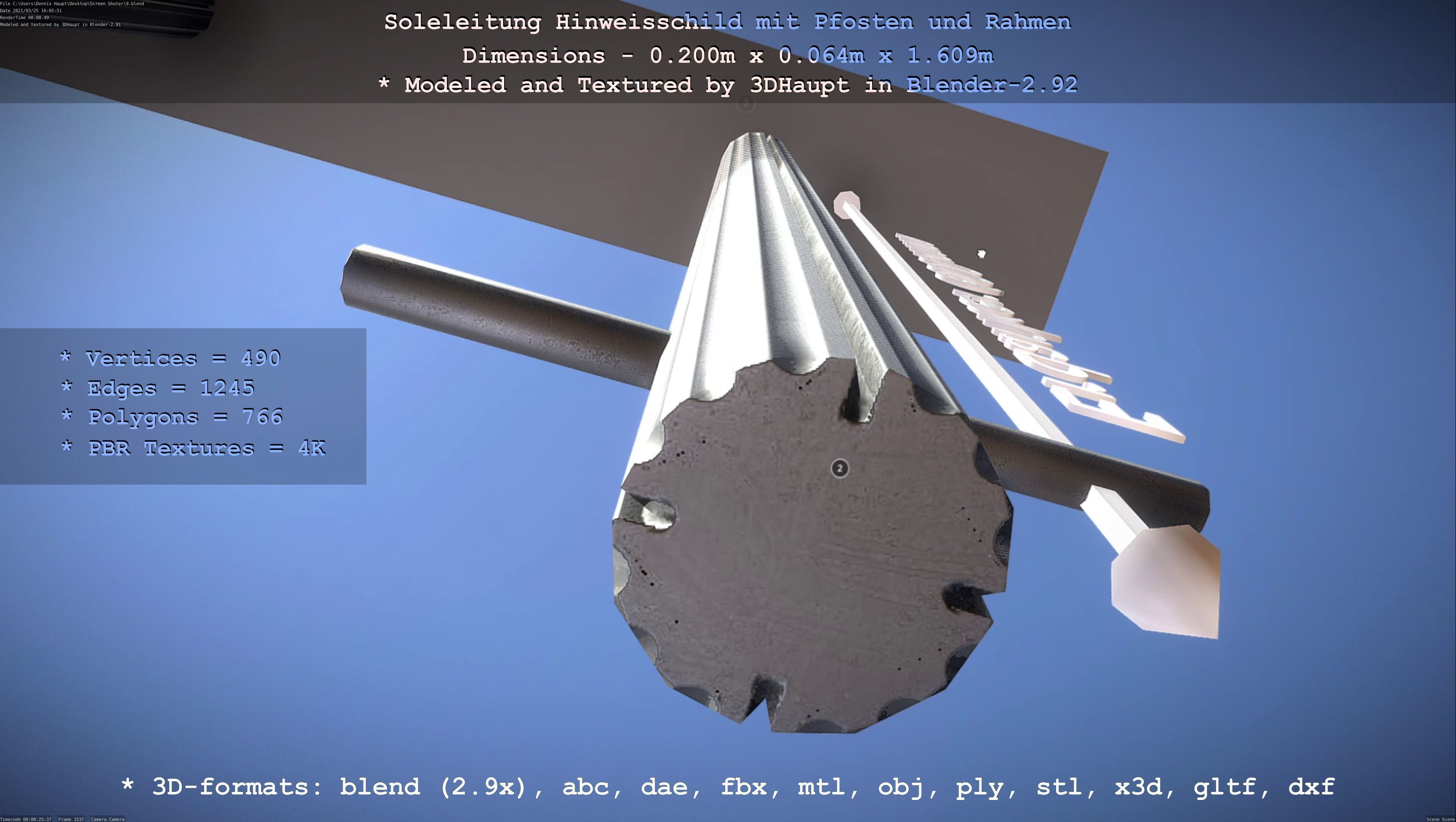 Hinweisschild Soleleitung mit Pfosten und Rahmen Low-poly 3D model_44