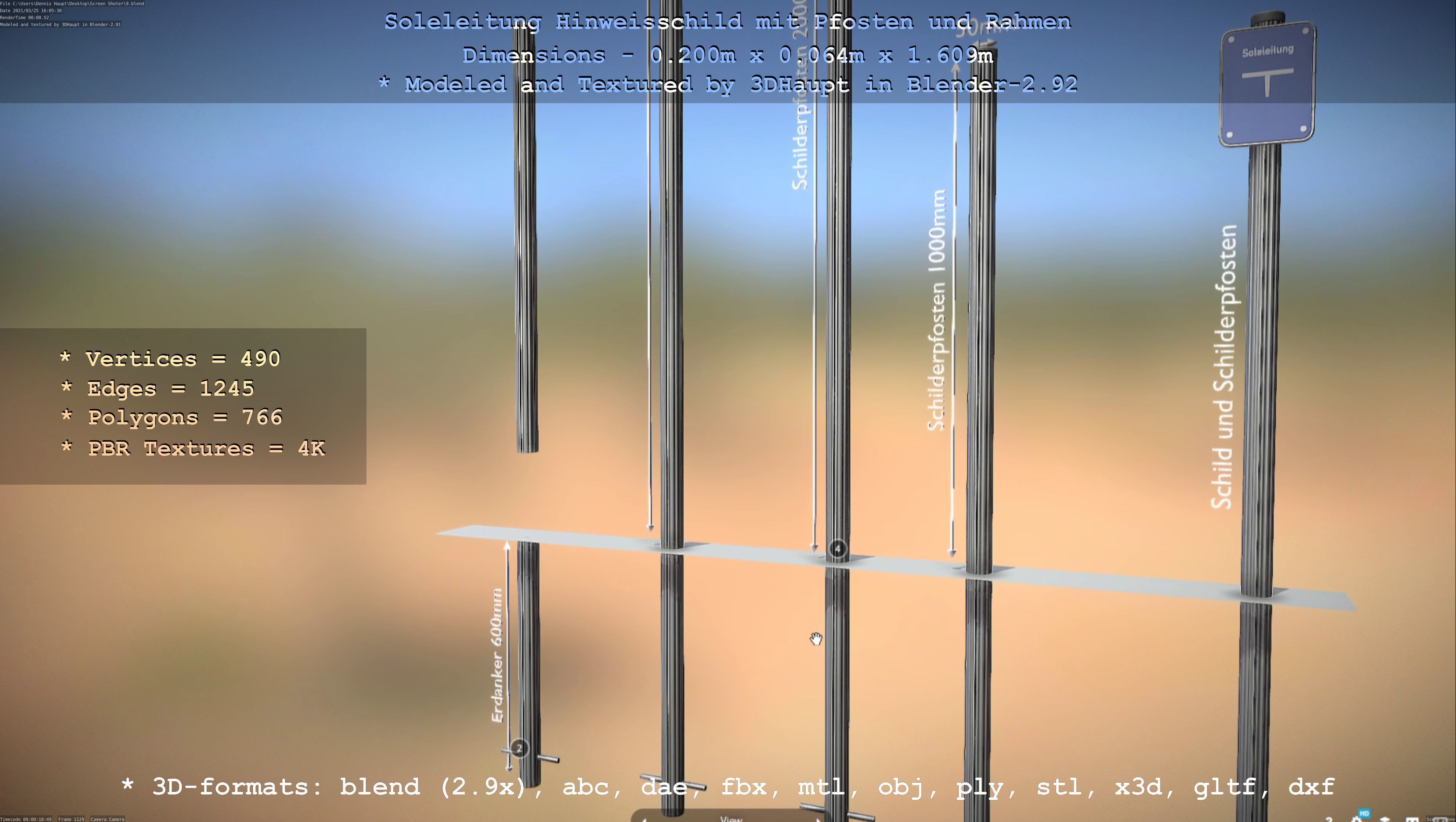 Hinweisschild Soleleitung mit Pfosten und Rahmen Low-poly 3D model_125