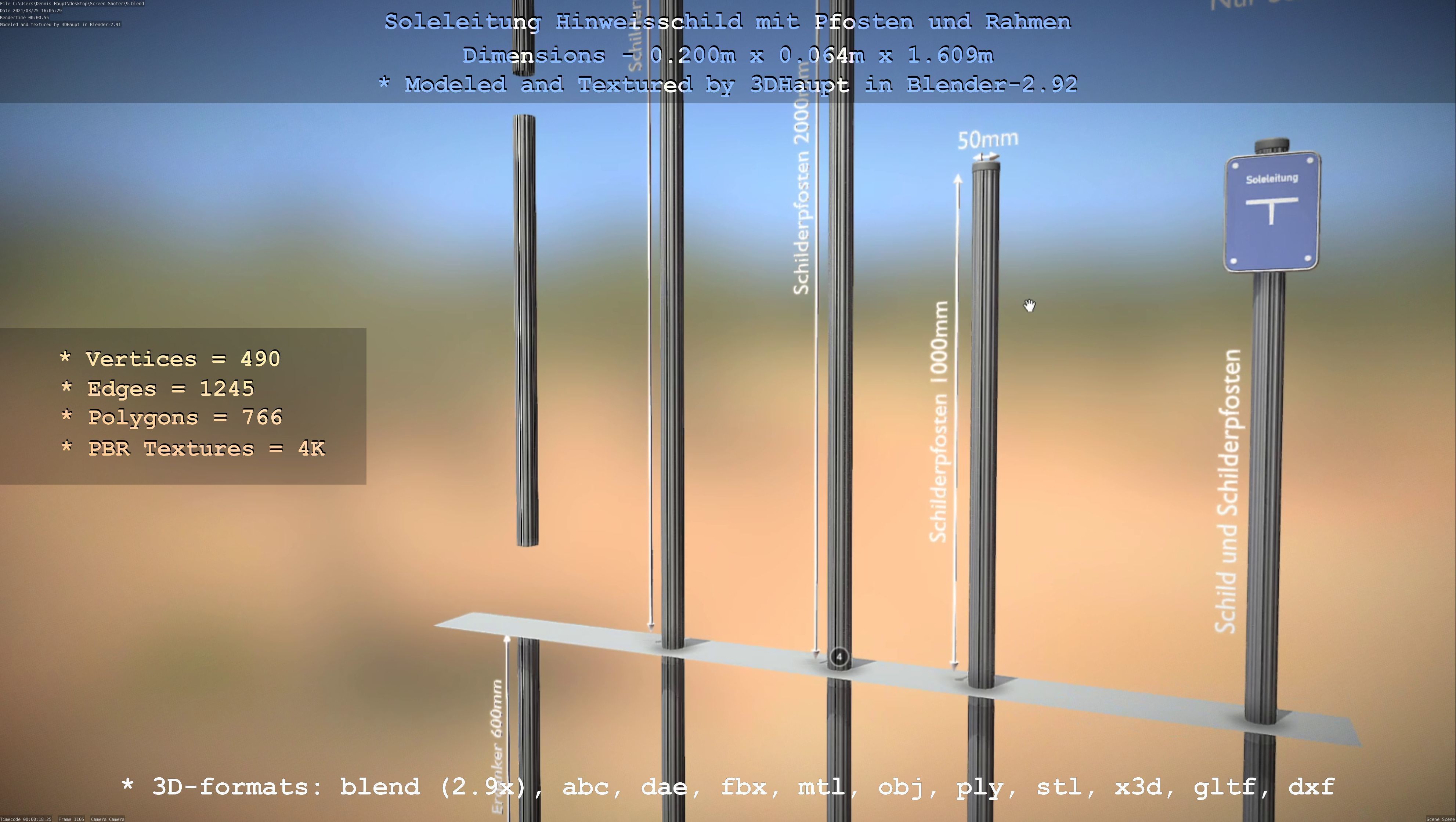 Hinweisschild Soleleitung mit Pfosten und Rahmen Low-poly 3D model_124
