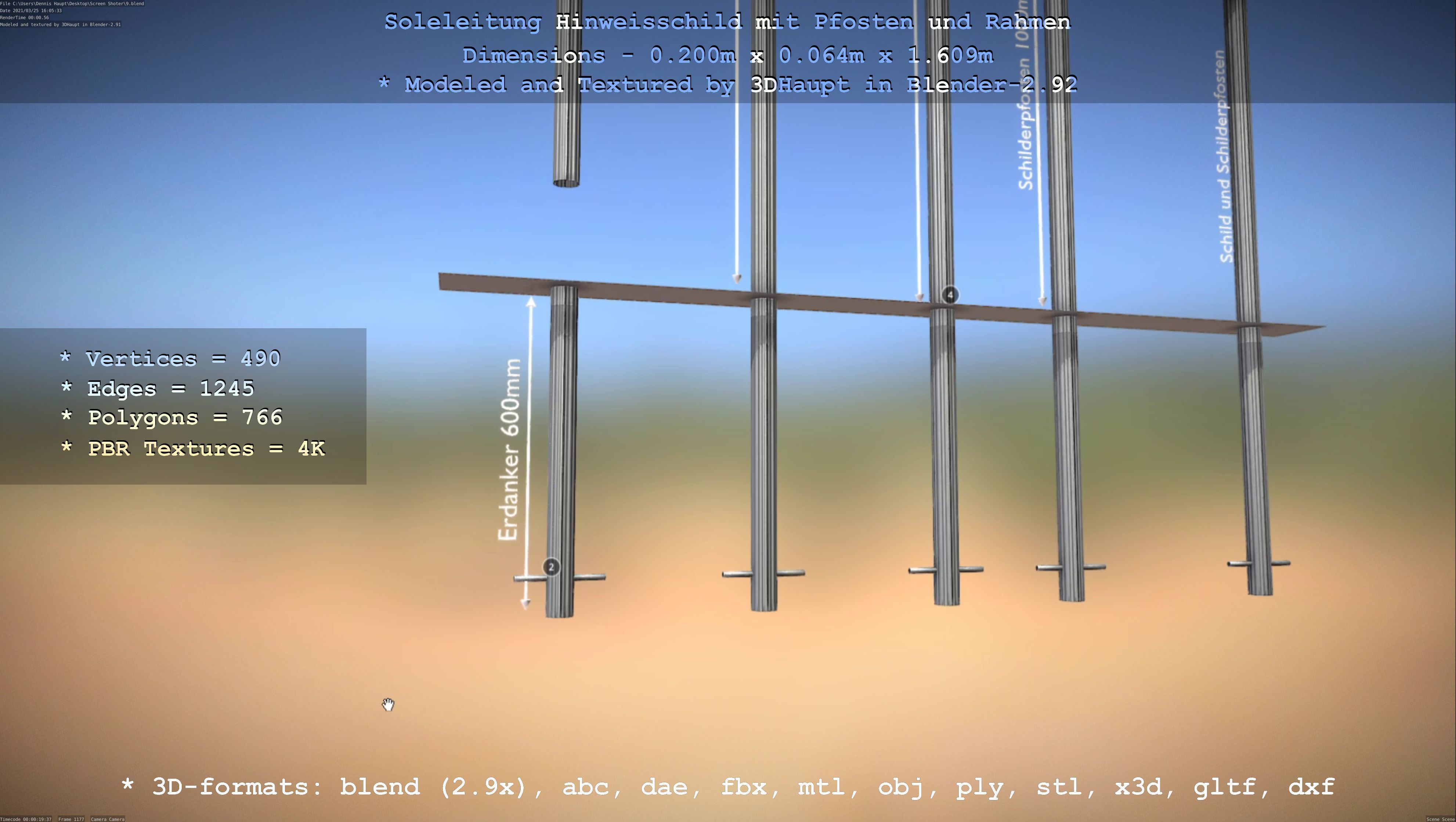 Hinweisschild Soleleitung mit Pfosten und Rahmen Low-poly 3D model_16