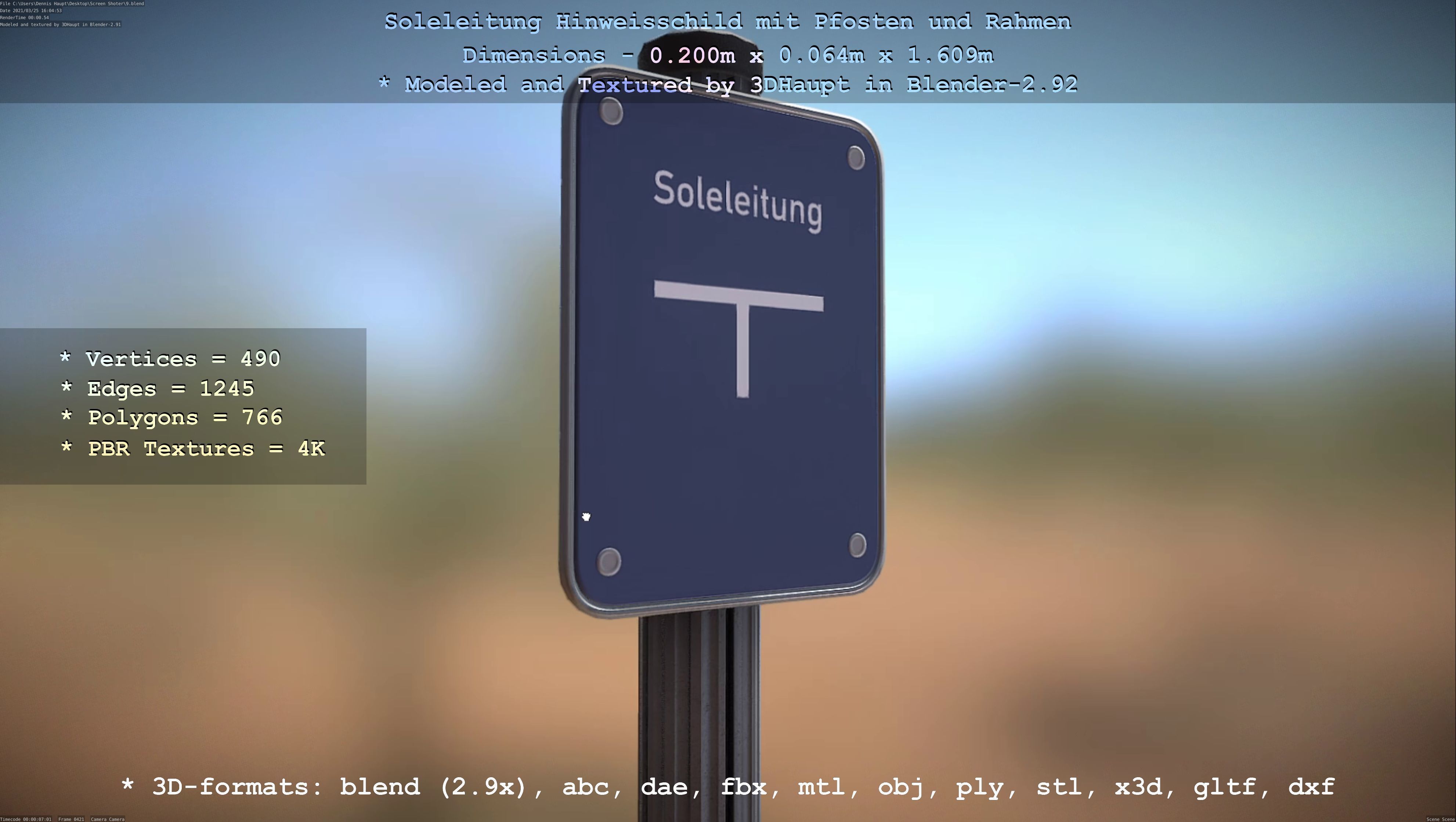 Hinweisschild Soleleitung mit Pfosten und Rahmen Low-poly 3D model_15