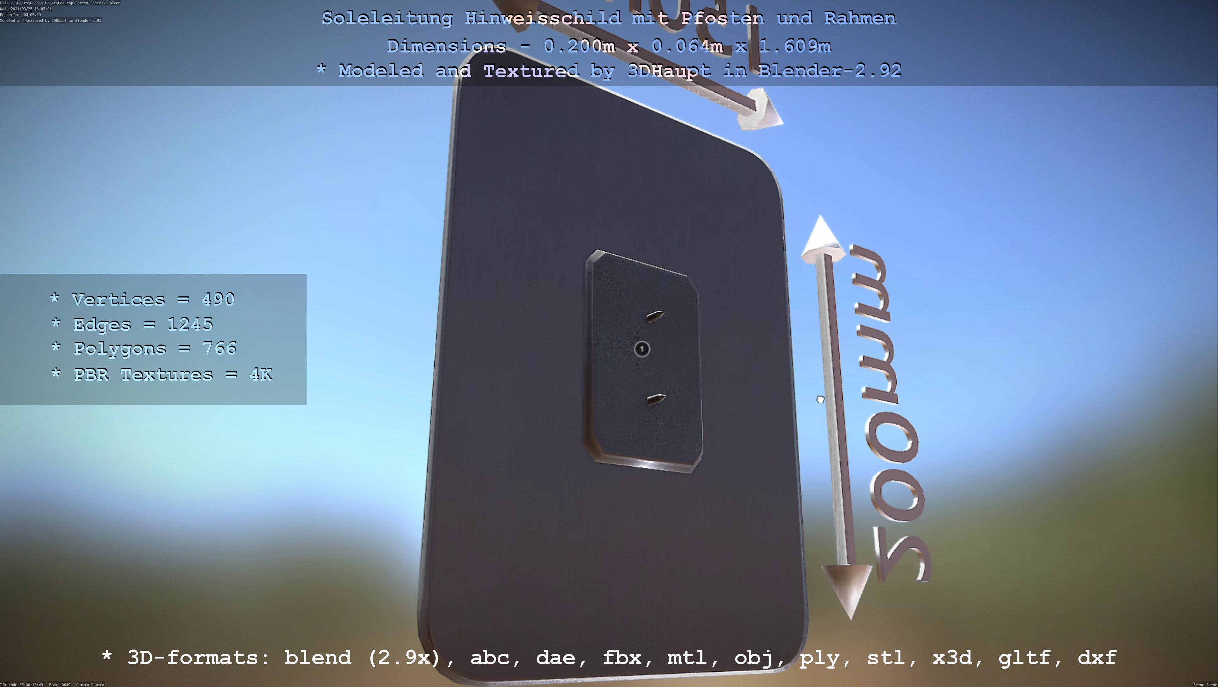 Hinweisschild Soleleitung mit Pfosten und Rahmen Low-poly 3D model_100