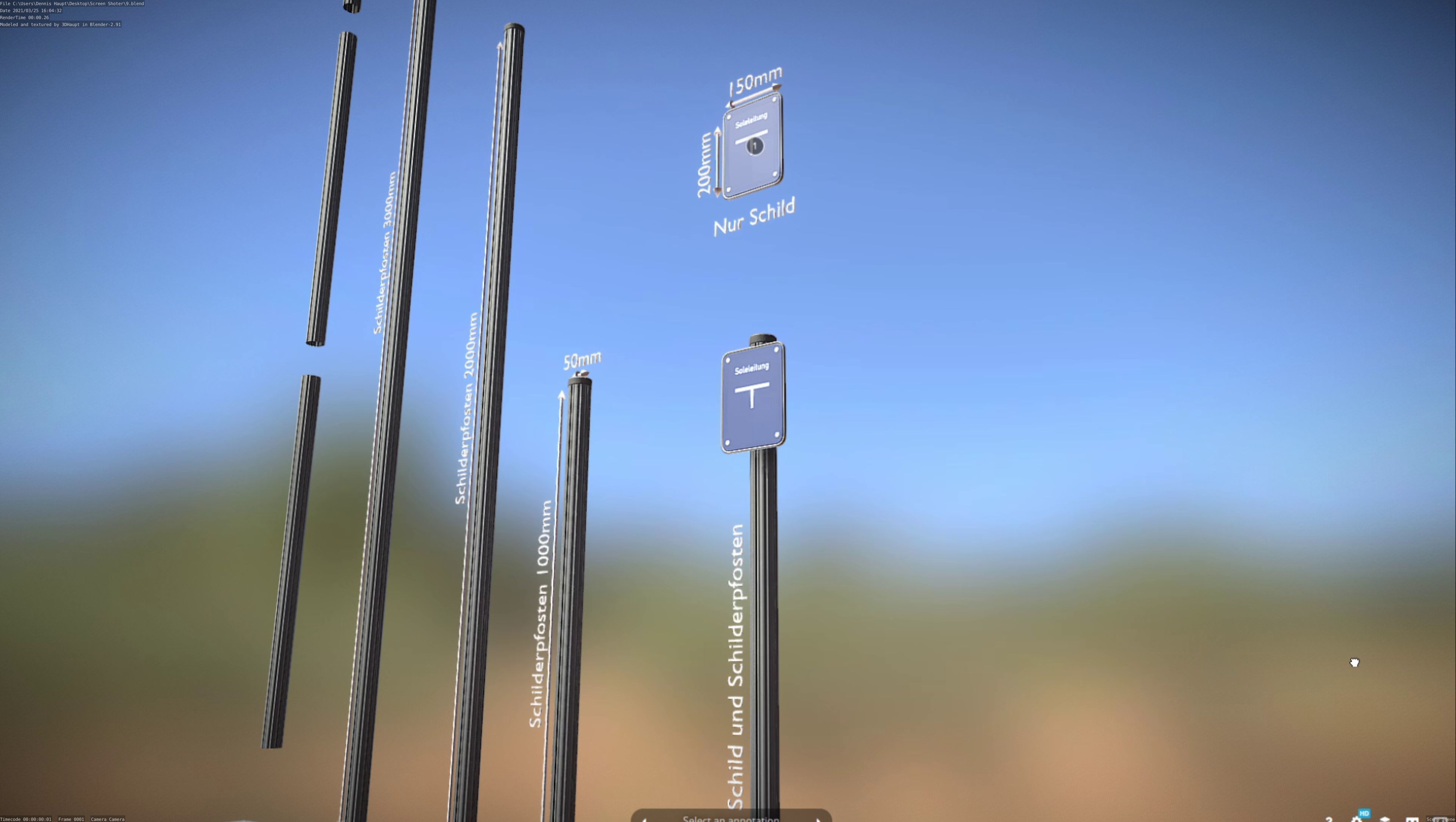 Hinweisschild Soleleitung mit Pfosten und Rahmen Low-poly 3D model_73