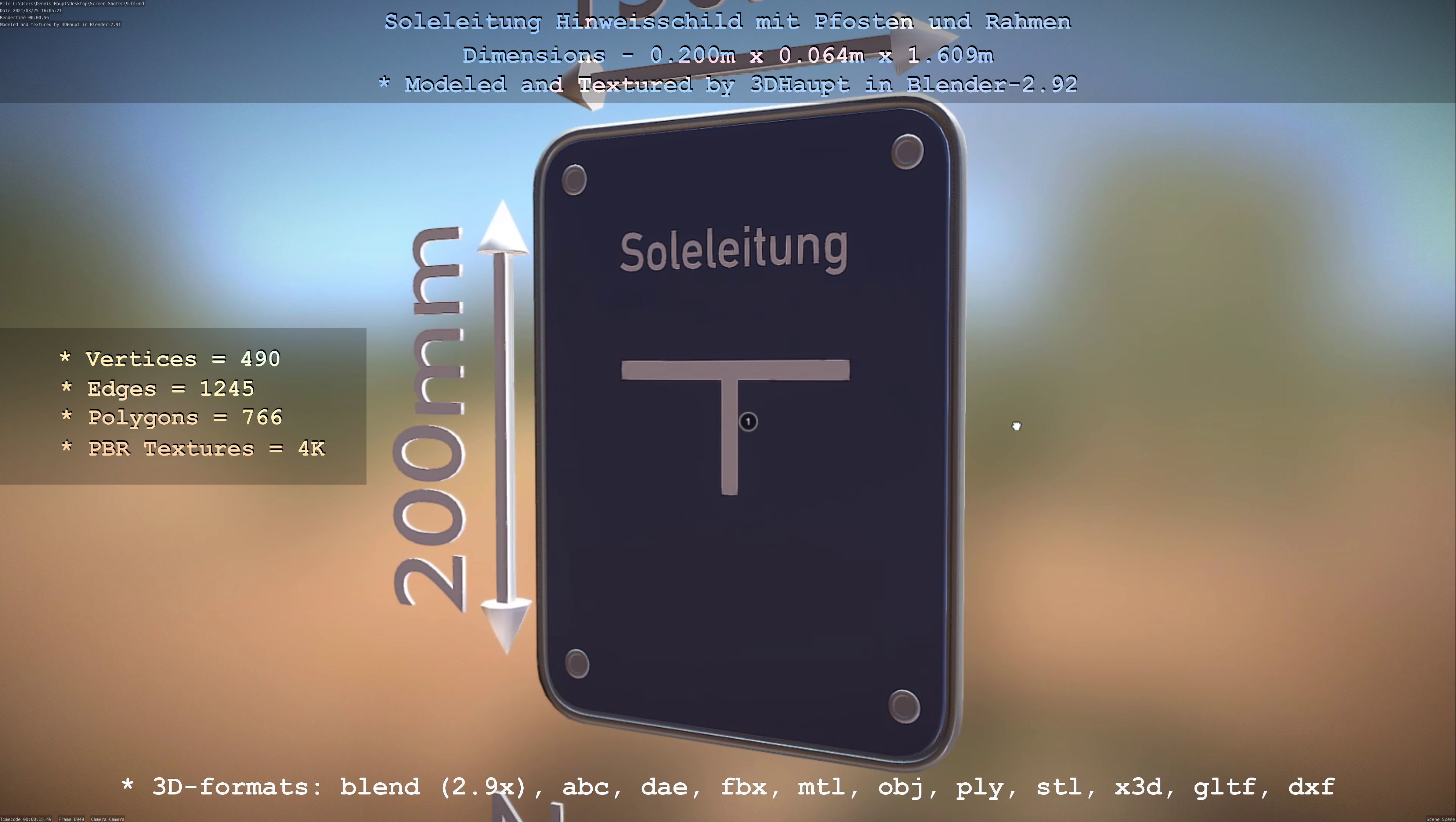 Hinweisschild Soleleitung mit Pfosten und Rahmen Low-poly 3D model_113