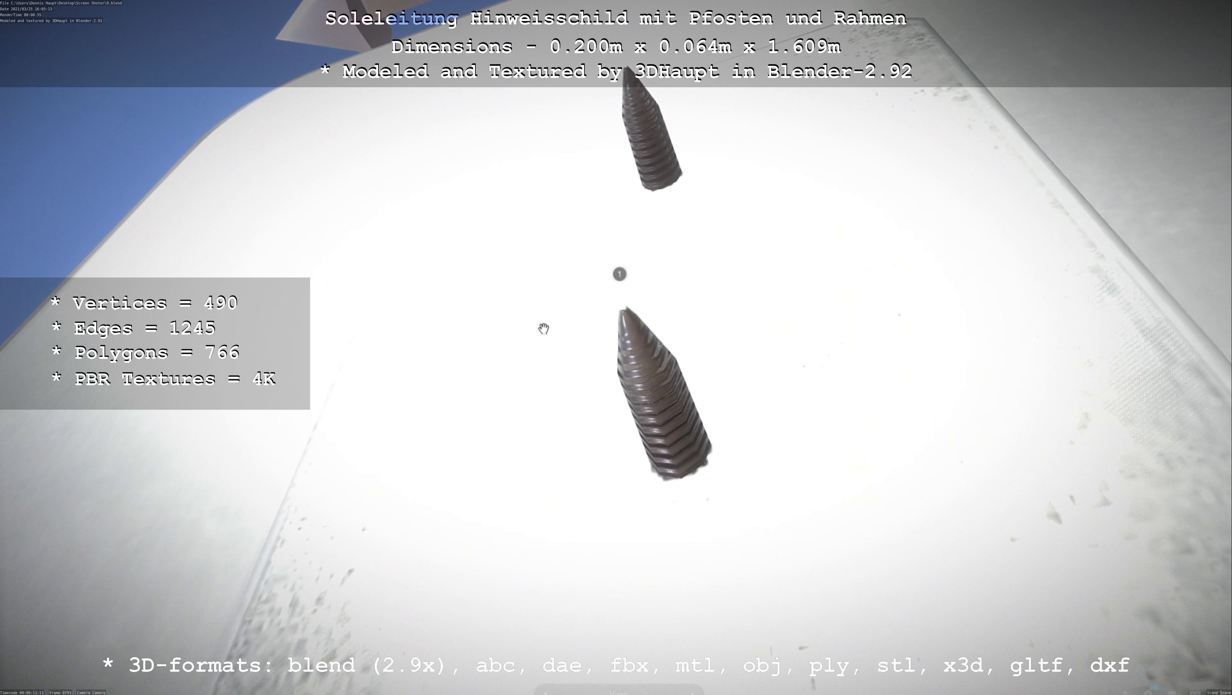 Hinweisschild Soleleitung mit Pfosten und Rahmen Low-poly 3D model_110