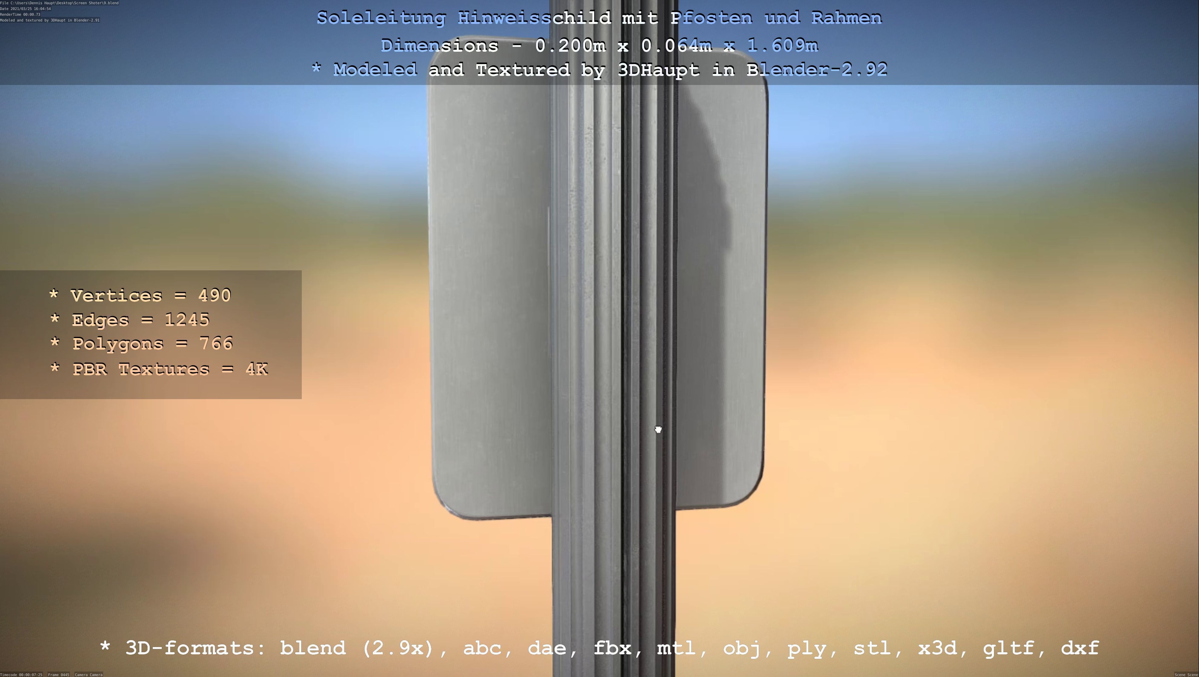 Hinweisschild Soleleitung mit Pfosten und Rahmen Low-poly 3D model_24