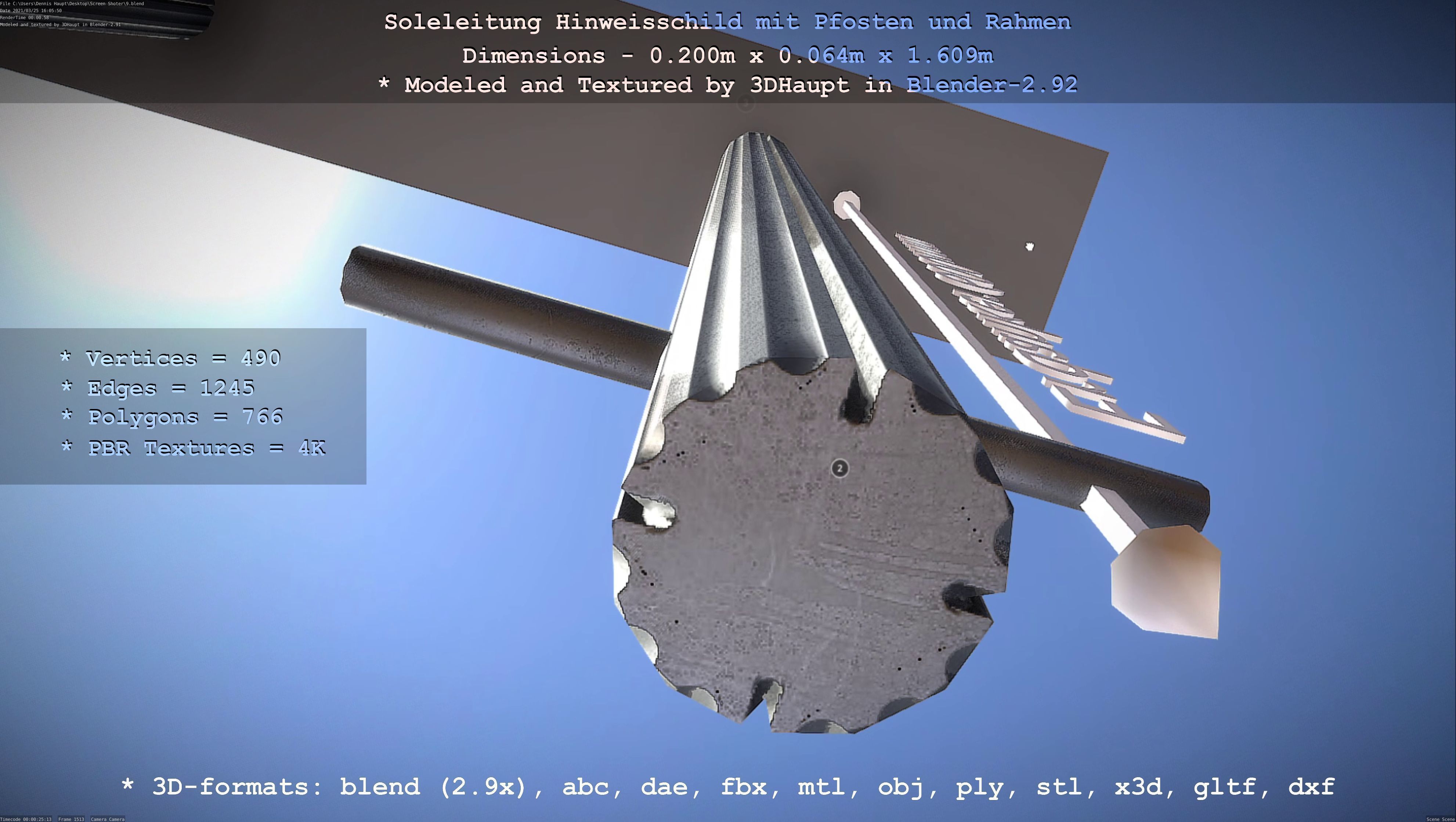 Hinweisschild Soleleitung mit Pfosten und Rahmen Low-poly 3D model_42